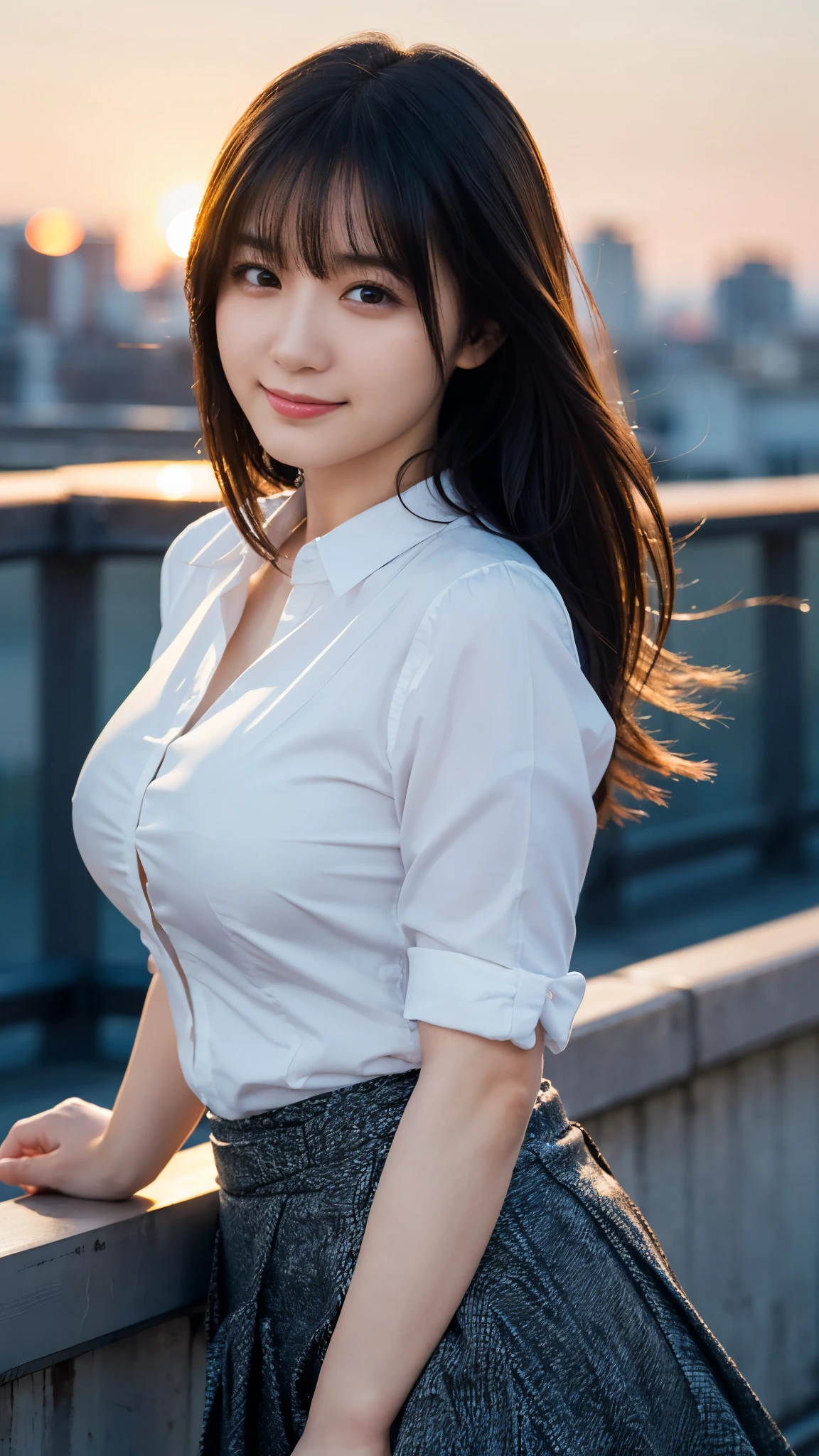 (highest quality,masterpiece:1.3,Ultra-high resolution),(Super detailed,Caustics,8k),(Photorealistic:1.4,RAW shooting),Japanese,23 years old,cute,Are standing,(Smiling and looking at the camera),Black Hair Middle Hair,Big Breasts,White blouse,Knee-length skirt,Strong winds,Hair blowing in the wind,Rooftop,Backlight,Sunset,Sunset sky,Waist up shot,(Face Focus),(Face close up),Low position,Low - Angle,Natural light