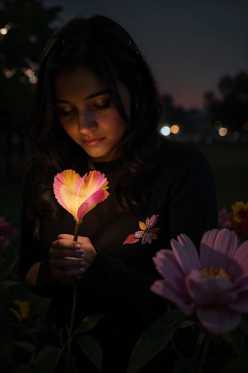 luminograma con un fondo , luces de colores florales una mujer en medio con un corazon roto de luz en el pecho 