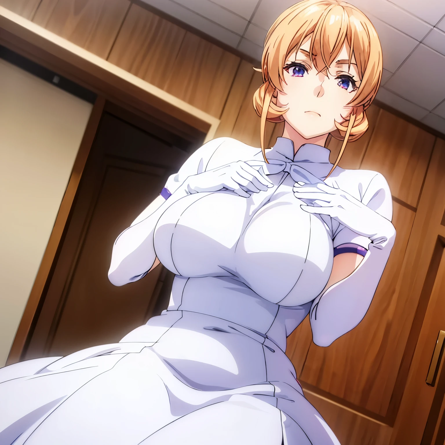 a girl，Wearing a white dress，wearing white gloves，in the room，Posing for a photo，nakiri_erina,looking at viewer