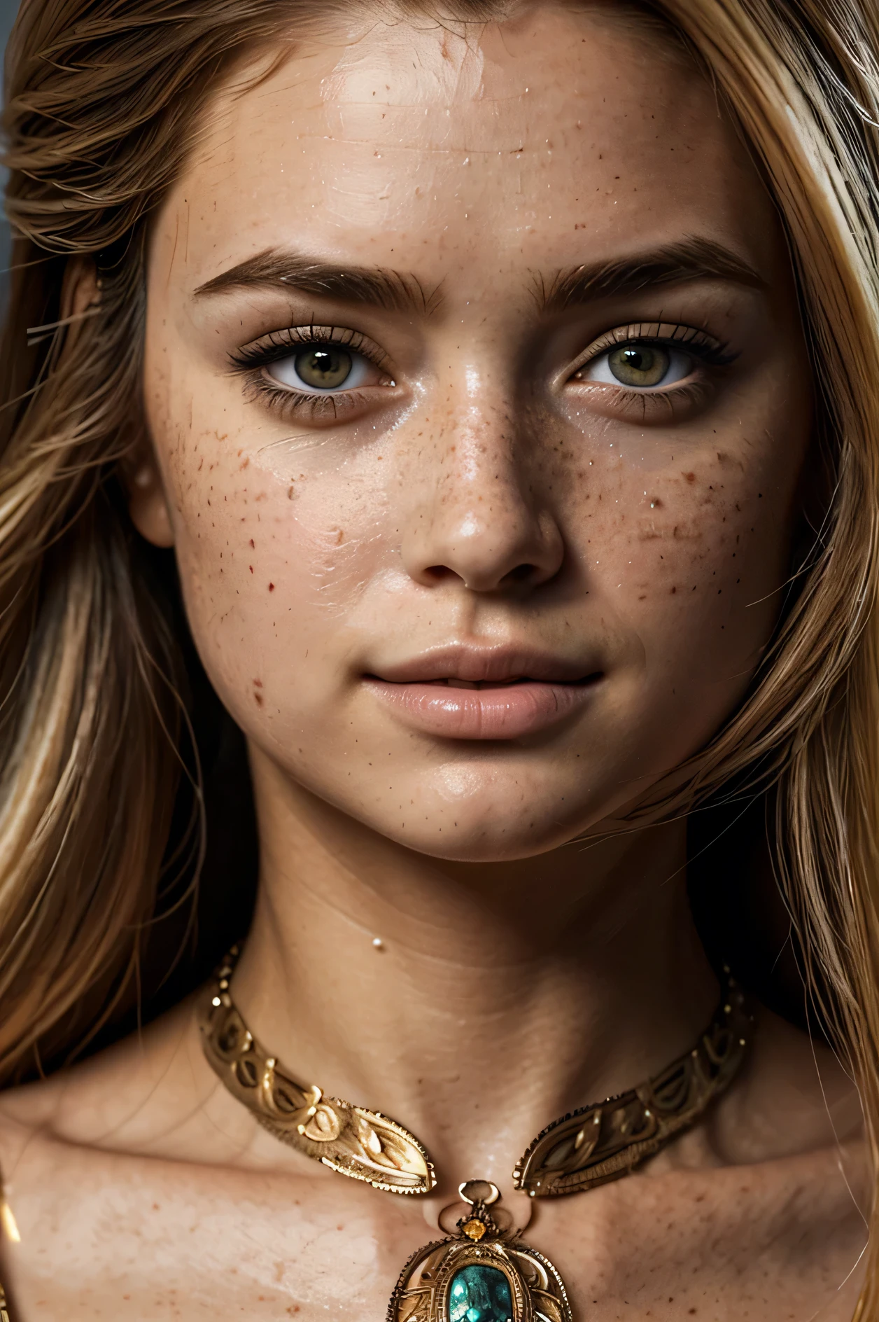 (((Masterpiece))), extremely realistic, vivid details, extremely detailed, 4k, Ultra beautiful european doll face woman close up, ((close up face 1.8))freckles under eyes, She is extremely beautiful with sharp edges, perfect face, perfect geometry, geometrically symmetrical, sexy cat eye makeup, blonde hair, Face closeup,beautiful neckless, ultra realistic eyes,smile,(smile with eyes), (direct eye contact with camera 1.5),ultra detailed eyes, (depth in eyes 1.3),(realistic human skin:1.6), ultra detailed skin texture,PBR Textures,Super Resolution, Multi-layer Textures, Magical vibe in the pic, mystical