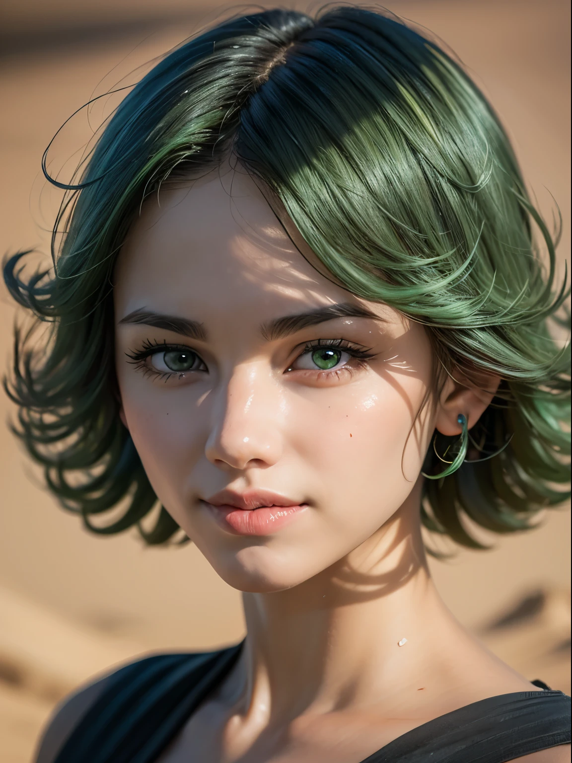 (masterpiece, best quality:1.4), (full body), 1girl, solo, outside, on a desert with sand and dust,angry face, tatsumaki, (pelvic curtain:1.2), long sleeves, black dress, (green hair), short hair, medium breasts, beautifull smile, beautiful face, highly detailed face, highly detailed eyes, highly detailed skin, skin pores, subsurface scattering, realistic pupils, full face blush, full lips, depth of field, volumetric lighting, sharp focus, absurdres, realistic proportions, good anatomy, (realistic, hyperrealistic:1.4), 16k hdr