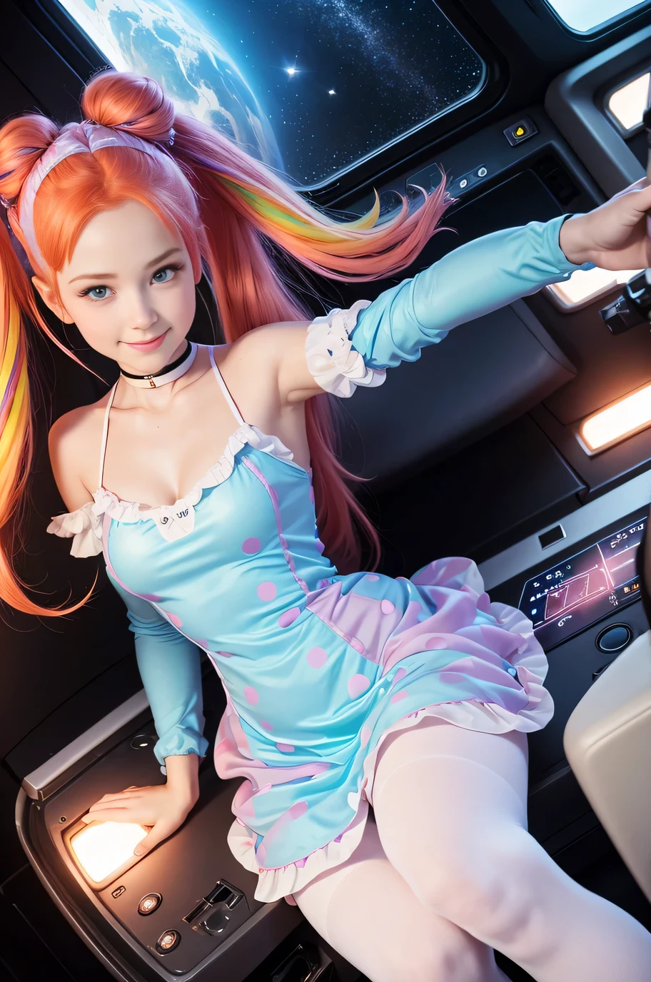 (overhead view) Cute redhead with rainbow colored hair tips, ribbons in her hair, 18-year-old woman, happy, smiling, in twin tails, perfect eyes, clear sparkling blue eyes, pale skin, silky smooth white skin, alabaster skin, flying a fancy metal luxurious space ship, futuristic cockpit, she's a pilot, outer space seen in windows, dark warm lighting, wearing a futuristic dress, low cut top, pleated (chemise) mini dress (pastel rainbow colors, and polka dots), puffy sleeves silk, wearing colorful leggings/tights.