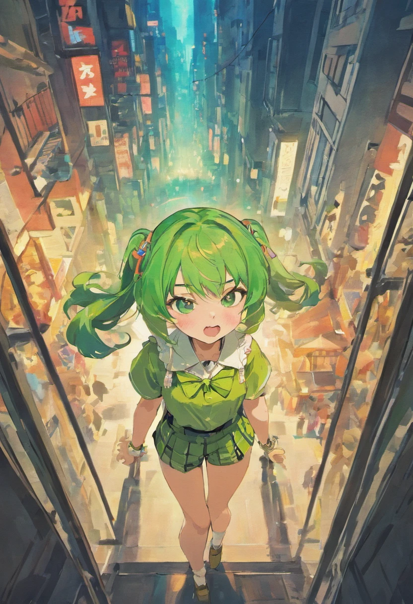 1girl,zundamon,voicevox ,green hair, blush stickers, animal ears,white shirt, short sleeves, long hair, suspender shorts,shorts, puffy sleeves, low ponytail, hair ears,
from above, wide shot, looking down, anger vein, Buenos Aires city, closed mouth,
masterpiece, best quality,