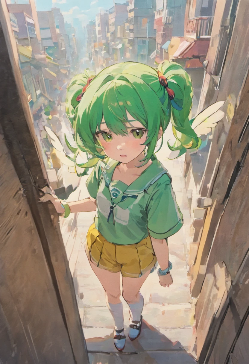 1girl,zundamon,voicevox ,green hair, blush stickers, animal ears,white shirt, short sleeves, long hair, suspender shorts,shorts, puffy sleeves, low ponytail, hair ears,
from above, wide shot, looking down, anger vein, Buenos Aires city, closed mouth,
masterpiece, best quality,