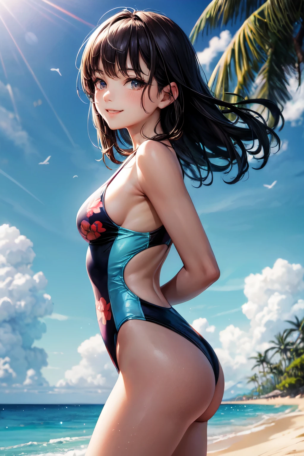 very cute and beautiful girl,(highly detailed beautiful face),one-piece floral print swimsuit, standing,arms behind back,looking at viewer,beach,tropical resort hotel,(smile),black hair, (best quality,masterpiece),absurdres,highres,ultra-detailed,extremely detailed,32k, cinematic scene,detailed background,solo,dynamic angle, hair fluttering in the wind,beautiful detailed sky,
