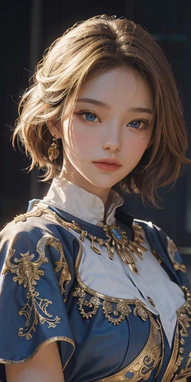 (masterpiece: 1.2, portrait, best quality), realistic, (real picture, complex details, depth of field), best quality, masterpiece, high detail, semi-realistic, 1 girl, shy, 21 years old, short blonde hair, left hairy eyes, Blue eyes, cape, slim figure、tiny breast, prince costume.