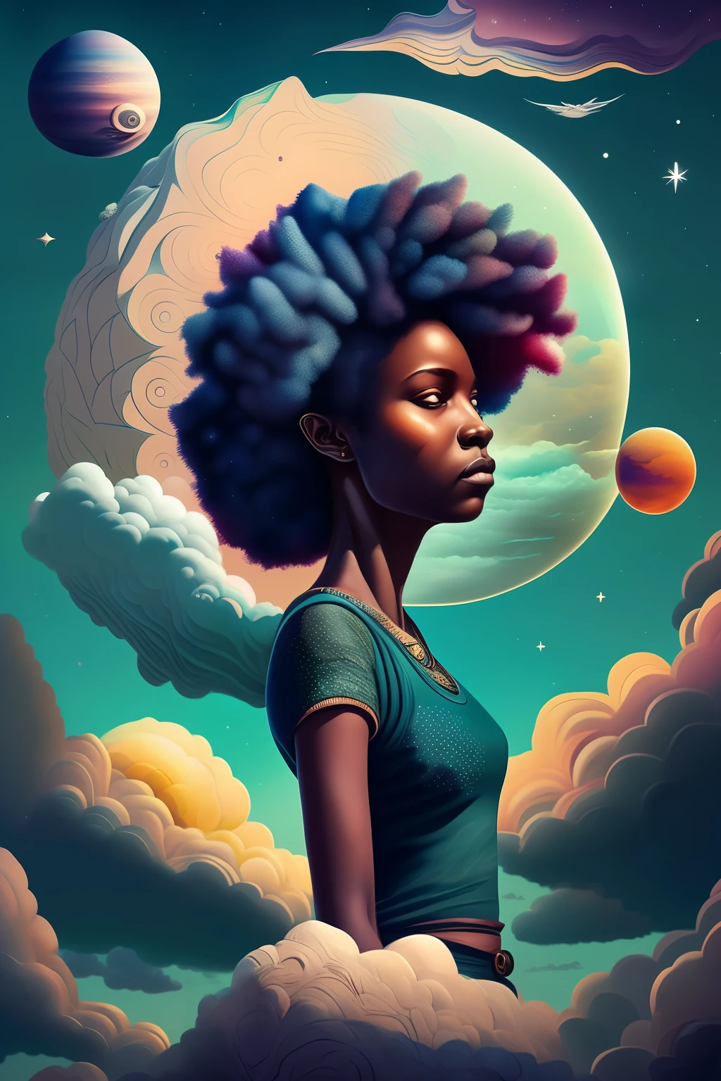 Atop a planet, a resplendent black woman is depicted in a digital art masterpiece, reminiscent of Cyril Rolando's style. Surrounding her are undulating clouds filled with psychedelic fractals, an homage to the parallax of the universe. In the background, celestial bodies twinkle amidst the cosmic dance of space-time reality. With one hand, she cradles the Earth, as if to convey the weight of responsibility, while whistling a melodic tune. This trio of Jean, her vibrant attire, and the ethereal setting are captured in meticulous detail by Annie Leibovitz, with a close-up portrait approach