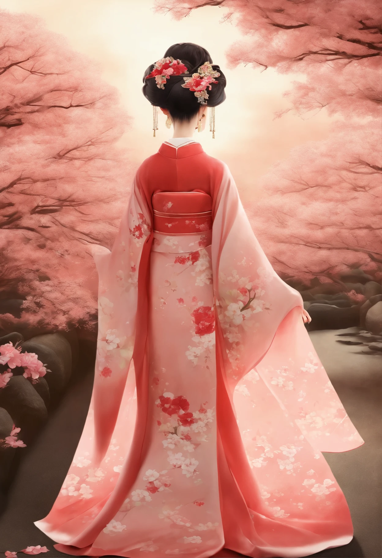 Otome color、A pale red color with a yellowish tint, like camellia.、Japanese Kimono、Back view