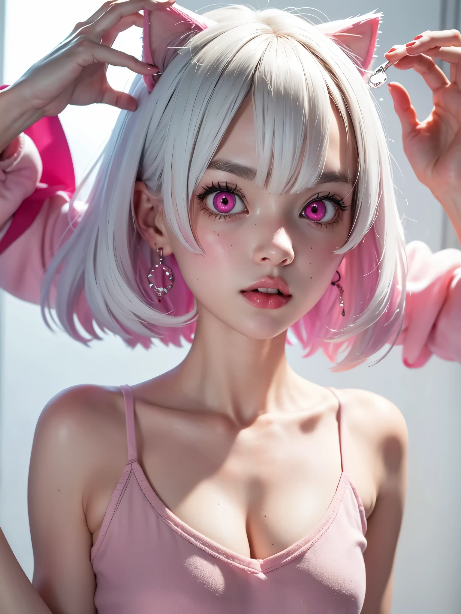 White hair. Short hair. Inner pink hair. Anime girl. Pink eyes. Glowing eyes. Nekomimi. Tanktop.