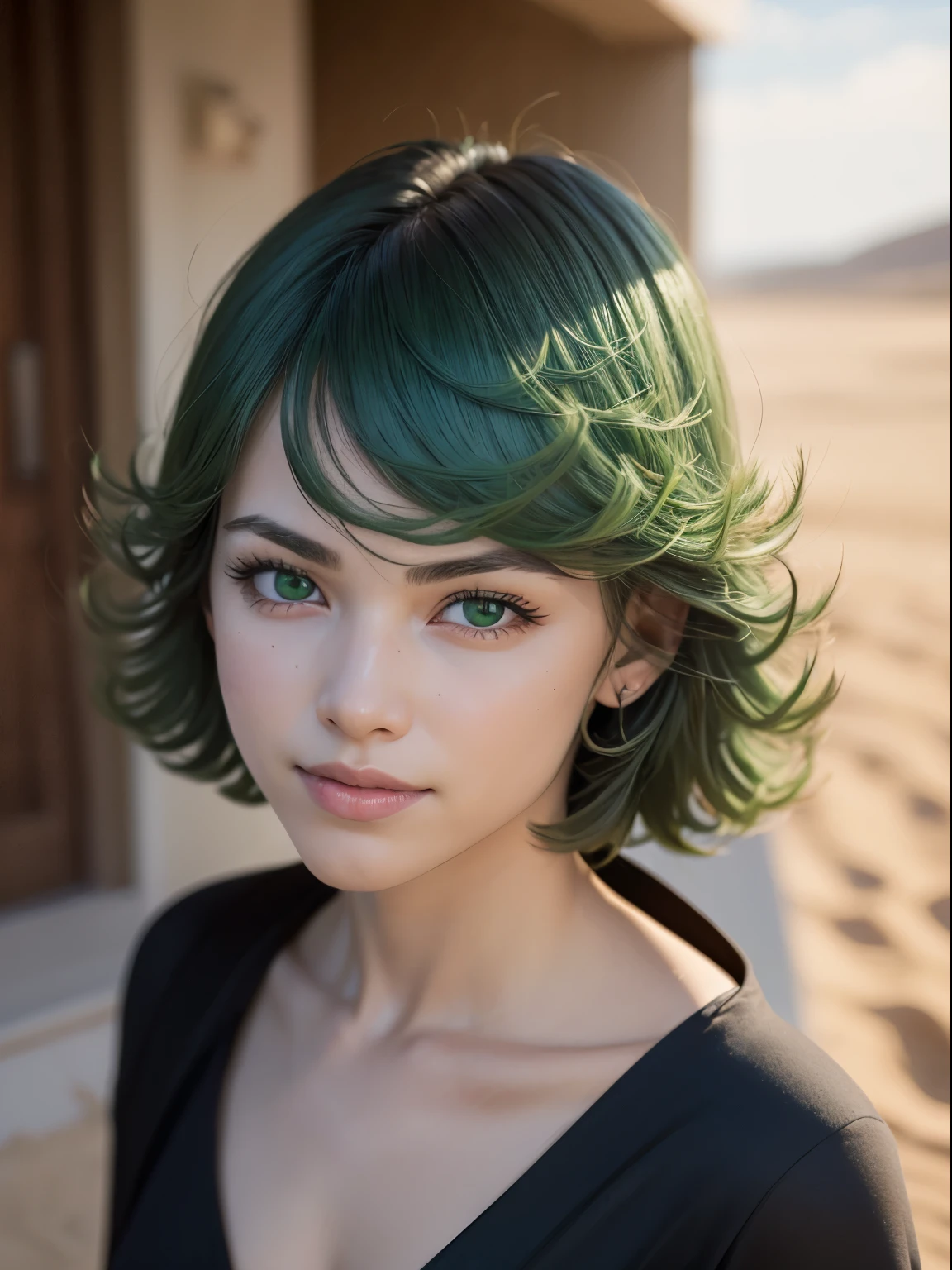 (masterpiece, best quality:1.4), (full body), 1girl, solo, outside, on a desert with sand and dust,angry face, tatsumaki, (pelvic curtain:1.2), long sleeves, black dress, (green hair), short hair, medium breasts, beautifull smile, beautiful face, highly detailed face, highly detailed eyes, highly detailed skin, skin pores, subsurface scattering, realistic pupils, full face blush, full lips, depth of field, volumetric lighting, sharp focus, absurdres, realistic proportions, good anatomy, (realistic, hyperrealistic:1.4), 16k hdr