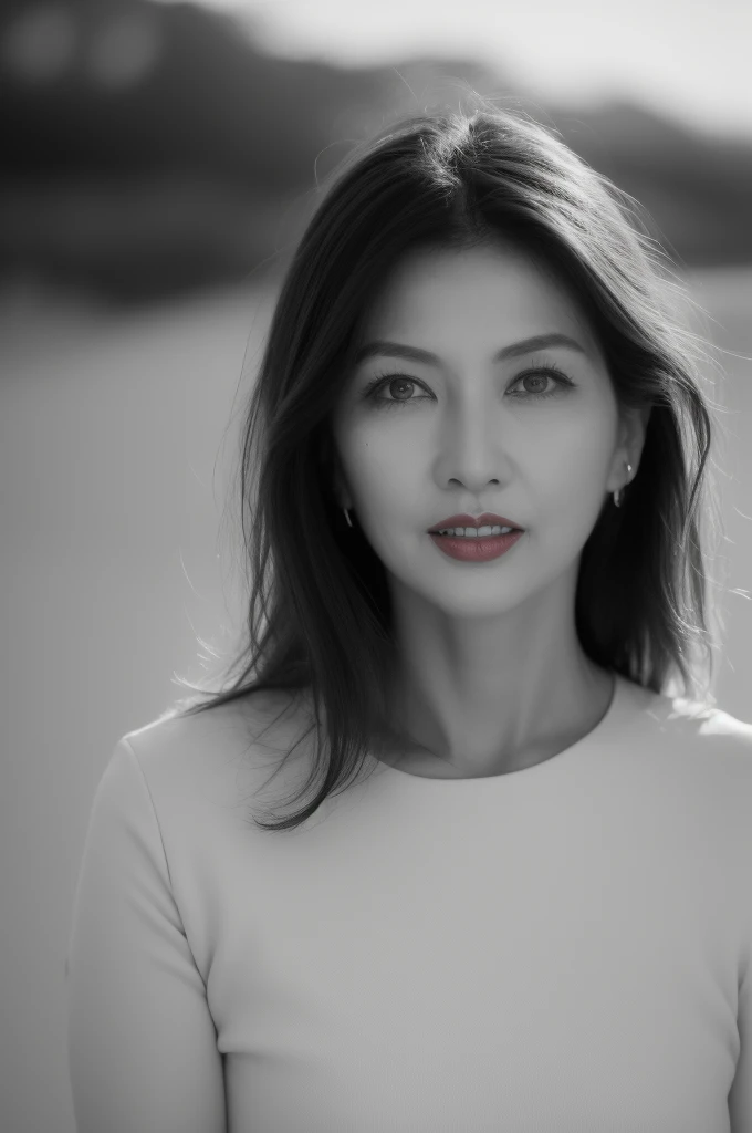 ((Top Quality)), ((8K)), ((Masterpiece: 1.3)), (Perfect Appearance), (Photorealism: 1.6), (grayscale: 1.6), (Japanese woman walking on the beach: 1.4), (sandy beach at sunset), japanese woman, (48 years old), (back view), ((Standing upright, facing forward, center of screen)), ((Realistic skin texture)), (Fine wrinkles throughout the skin), (Dull skin), (Skin without moisture) , (Wrinkles on the face), (Wrinkles on the corners of the eyes), Double eyelids, tear bags on the lower eyelids, The eyes are looking here, serious gaze, smile with the corners of the mouth raised wide, straight medium length, hair fluttering in the wind, (Only women's lips are colored: 1.6), (bright red lips: 1.6), (face close-up: 1.3), (bright red lips: 1.2), Angle from feet: 1.2,