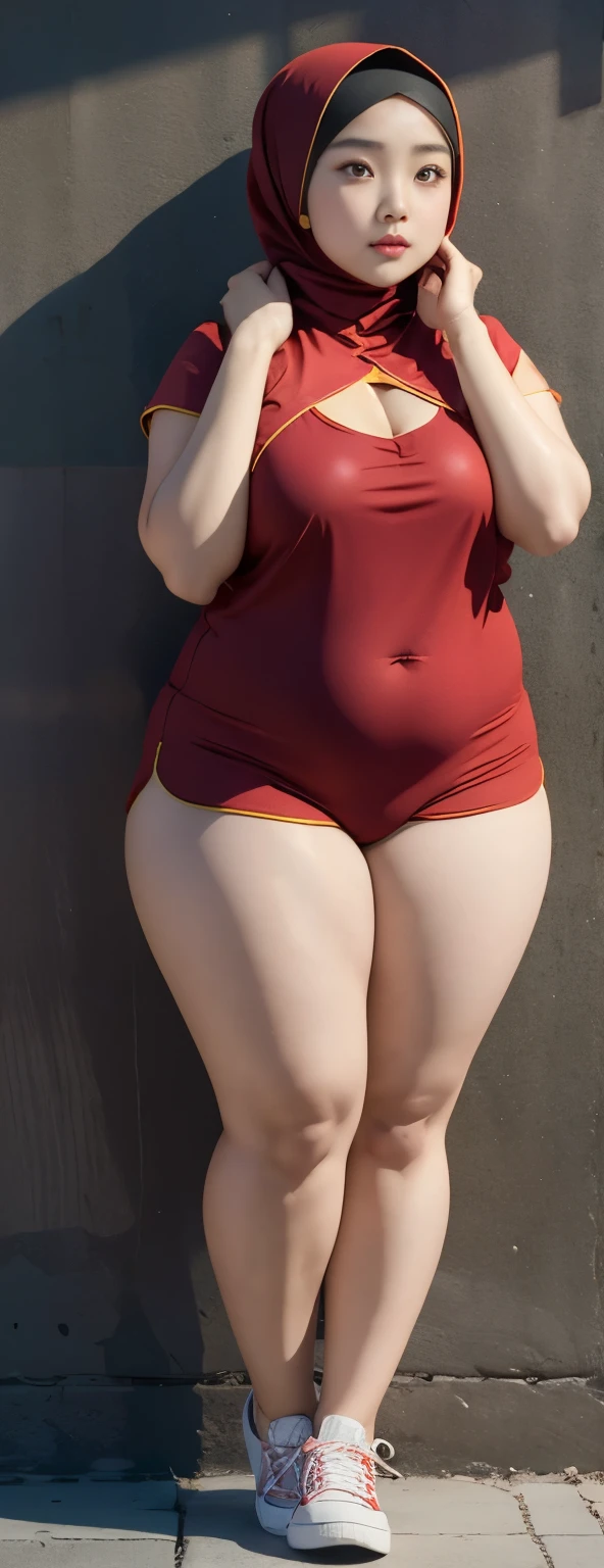 1 chinese-Indonesian girl, modern plain hijab, shy, medium portrait, watery eyes, ((small breasts)), black bokeh background, well-proportioned body,, chubby massive thighs, full body pose, Hena art on the body, hena art on arms, full body view , wearing red sneakers , fat legs, small cleavage , hot