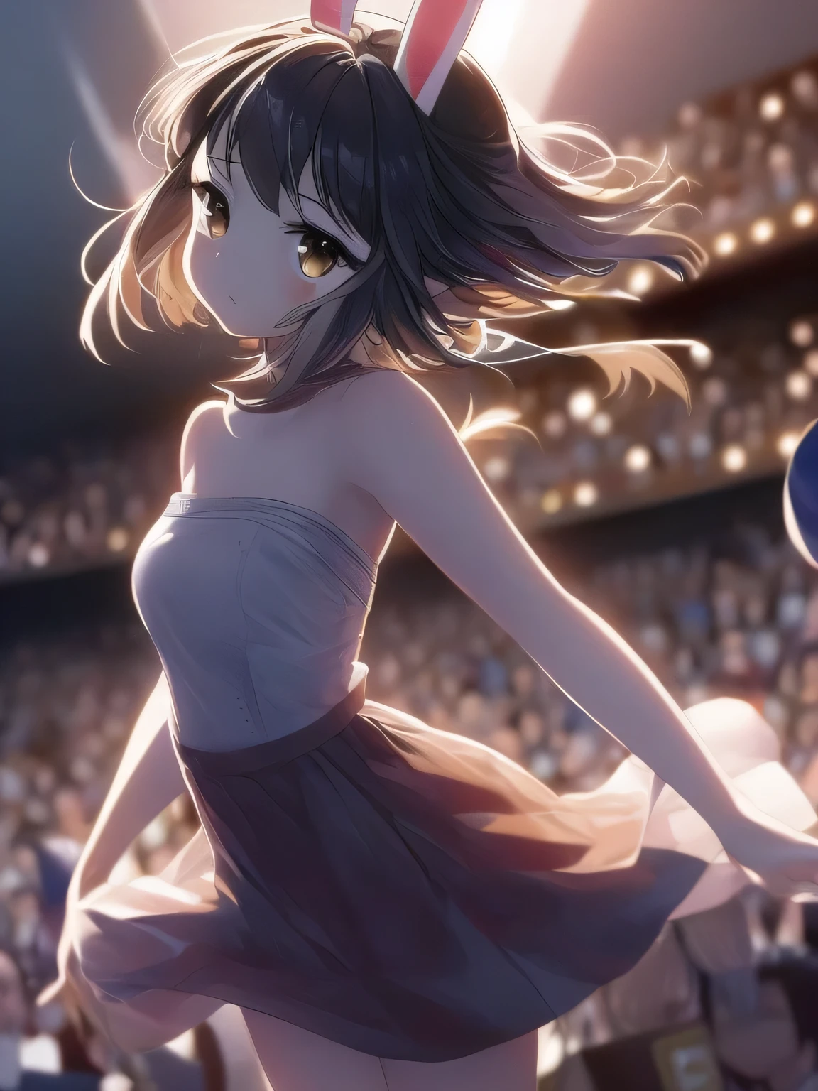 (Tabletop.highest quality).(Dynamic Low Angle、Hair blowing in the wind). (CG paintings with impressive detail),(Perfect image).(Rhythmic Gymnastics、Proud of the costume、Presenting to the audience)、Comic Strip.shape.1 girl.Detailed face、Kirara Jump、Perfect body.(Child body type、Small breasts、Thin chest)、Beautiful thighs、Beautiful belly、Perfect Face.Delicate face、Spread your arms、Proudly、A girl wearing a gorgeous off-the-shoulder dress、Overexposure、(Beautiful fashion that shows off belly and bare legs)、Breast flash、Rough skin、Long Hair、(Bunny ear girl)Bunny ear girl、((Beautiful brown eyes)).Delicate and Beautiful Eyes、Beautiful Eyes、Reflected Eyes、Embarrassingly.(Looking at the audience:1.3).(Red face:1)、8k wallpaper、Bold full shot、reflected light、Most detailed、Complex、Delicate background、Rough skin、Fine skin、(Super Resolution)、mini skirt、Chirarizum、(whole body、Beautiful whole body statue、 body type)