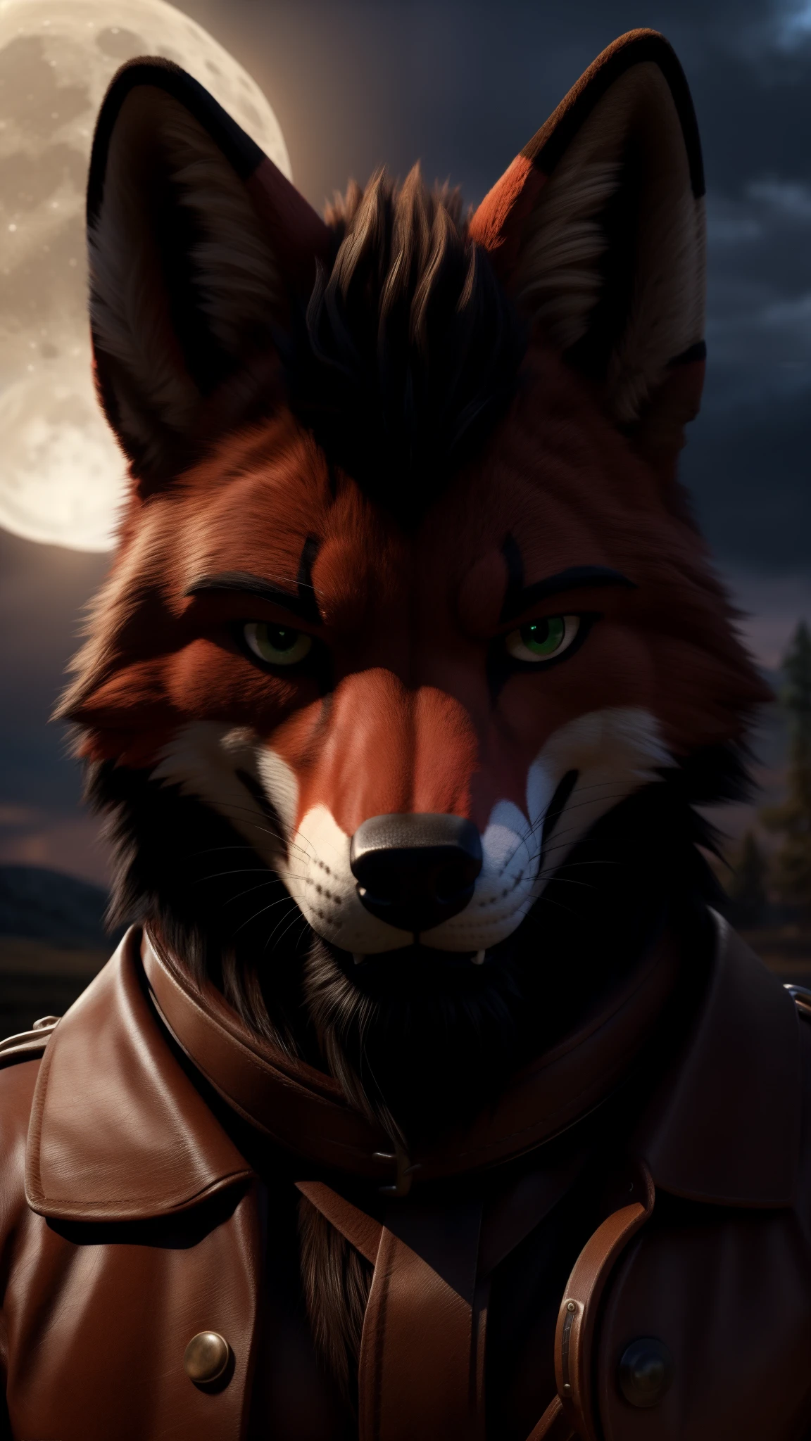 A fursuit Fox male muscular Lone cowboy alone in the old west with a full moon green eyes A black beard looking at the viewer cool smile Close up on the face red fur 3D cinematic style a unique and original look