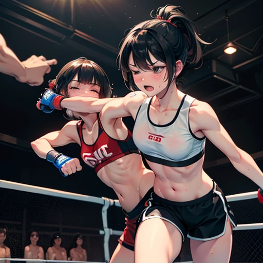 Cute high school girl, slender body, cornered in a mixed martial arts ring, being punched by an opposing female fighter, twisting, eyes closed, face turned away, arms protecting face. Distressing situation, very sweaty, out of breath, short black hair, poor body, small breasts, sports bra, high leg shorts, open finger gloves