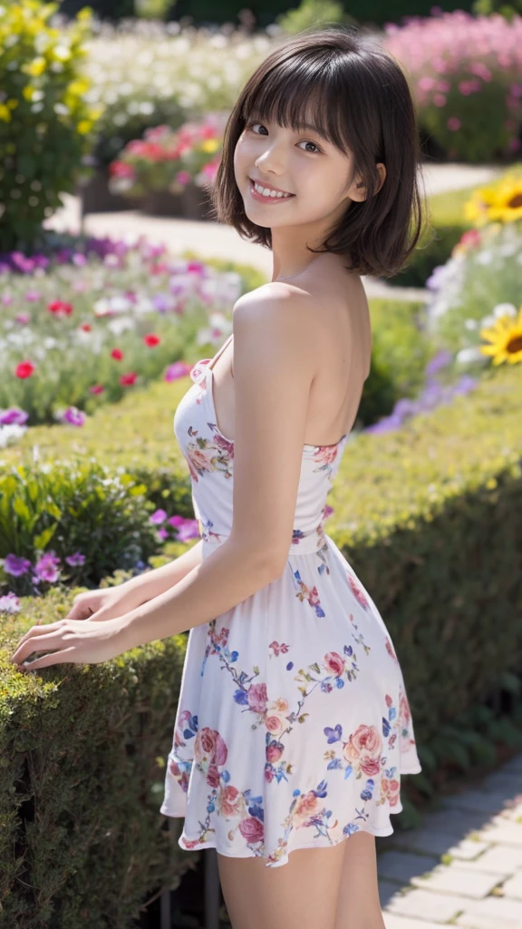 masterpiece, highest quality, disorganized, perfect anatomy, 1 girl, alone, pascal tales, short hair, beautiful, Hilarious, sunny day, botanical garden, Summer winds, sundress, Floral, wavy hair, smile