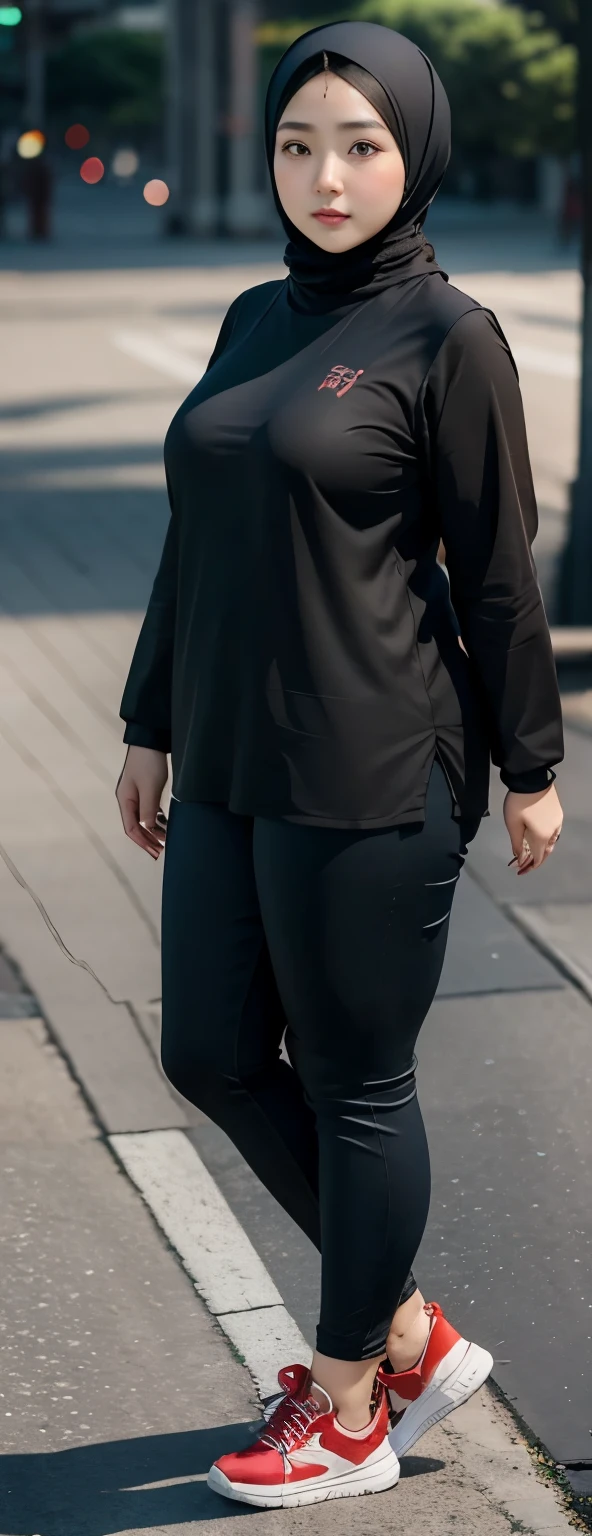 1 chinese-Indonesian girl, modern plain hijab, shy, medium portrait, watery eyes,  ((small breasts)), black bokeh background, well-proportioned body,, chubby massive thighs, full body pose, Hena art on the body, hena art on arms, full body view , wearing red sneakers , fat legs, 