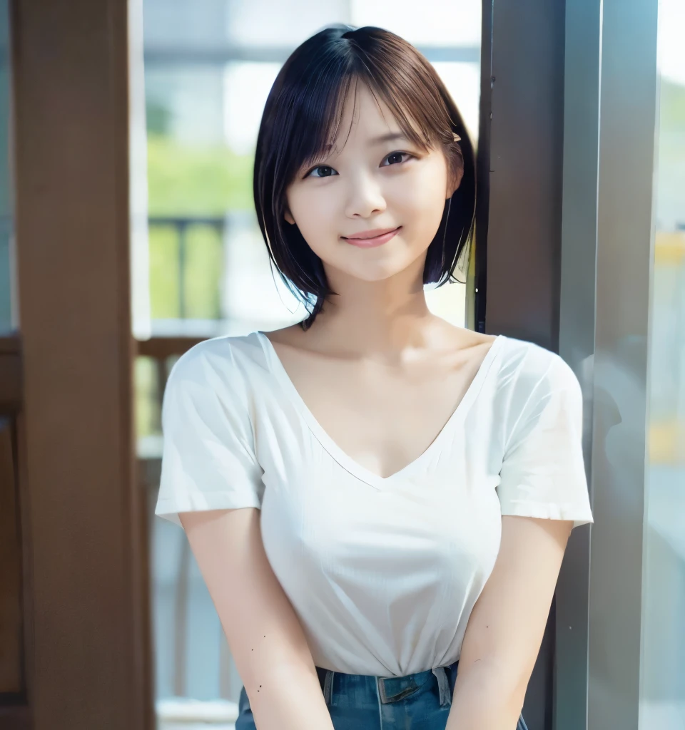 Best image quality、highest quality、masterpiece、Ultra-high resolution、8k、immature、Realistic:1.4、Professional Lighting、Cute school girl、Baby Face、Very short hair、slender、Moderate size chest cup bust、Large erect nipples、smile、Me in a tight white T-shirt、Wearing denim pants、Stand in front of the front door