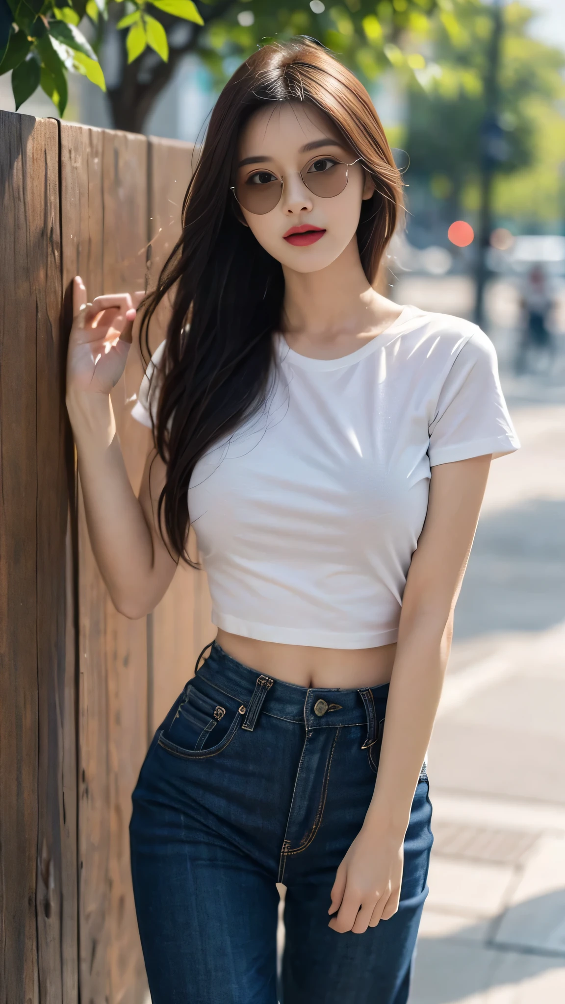 Girl in wide t-shirt and wide leg jeans poses for photo、full bodyesbian t-shirt、bra very、Slim body、Moderately bust、Slim girl model、18-year-old female model、Leaning against a clean wall、Wearing fashion sunglasses and a cap, CG rendering, 16K, Very detailed, wallpaper, depth of field, movie light, lens flare, Ray tracing,