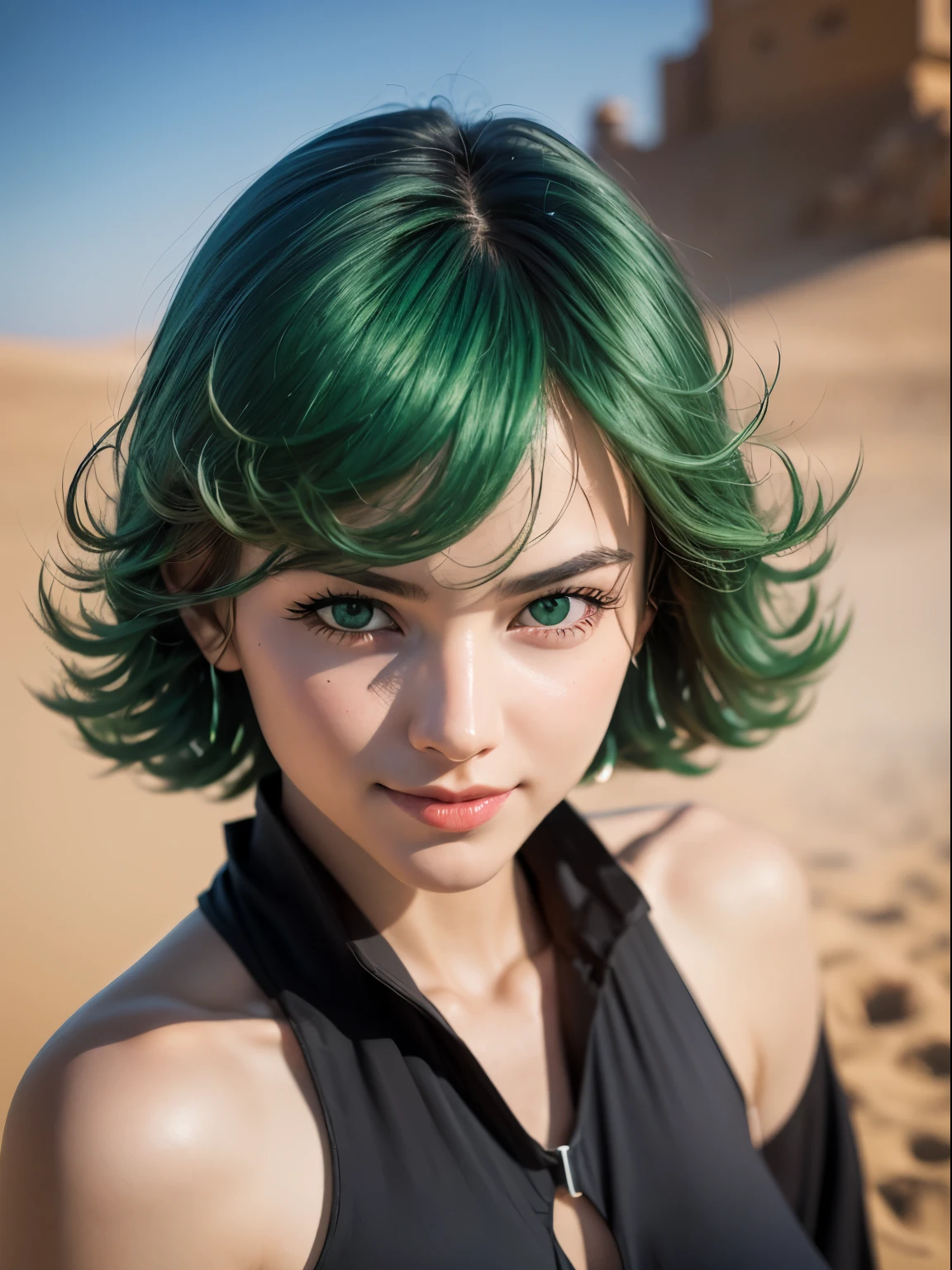 (masterpiece, best quality:1.4), (full body), 1girl, solo, outside, on a desert with sand and dust, tatsumaki, (pelvic curtain:1.2), long sleeves, black dress, (green hair), short hair, medium breasts, beautifull smile, beautiful face, highly detailed face, highly detailed eyes, highly detailed skin, skin pores, subsurface scattering, realistic pupils, full face blush, full lips, depth of field, volumetric lighting, sharp focus, absurdres, realistic proportions, good anatomy, (realistic, hyperrealistic:1.4), 16k hdr