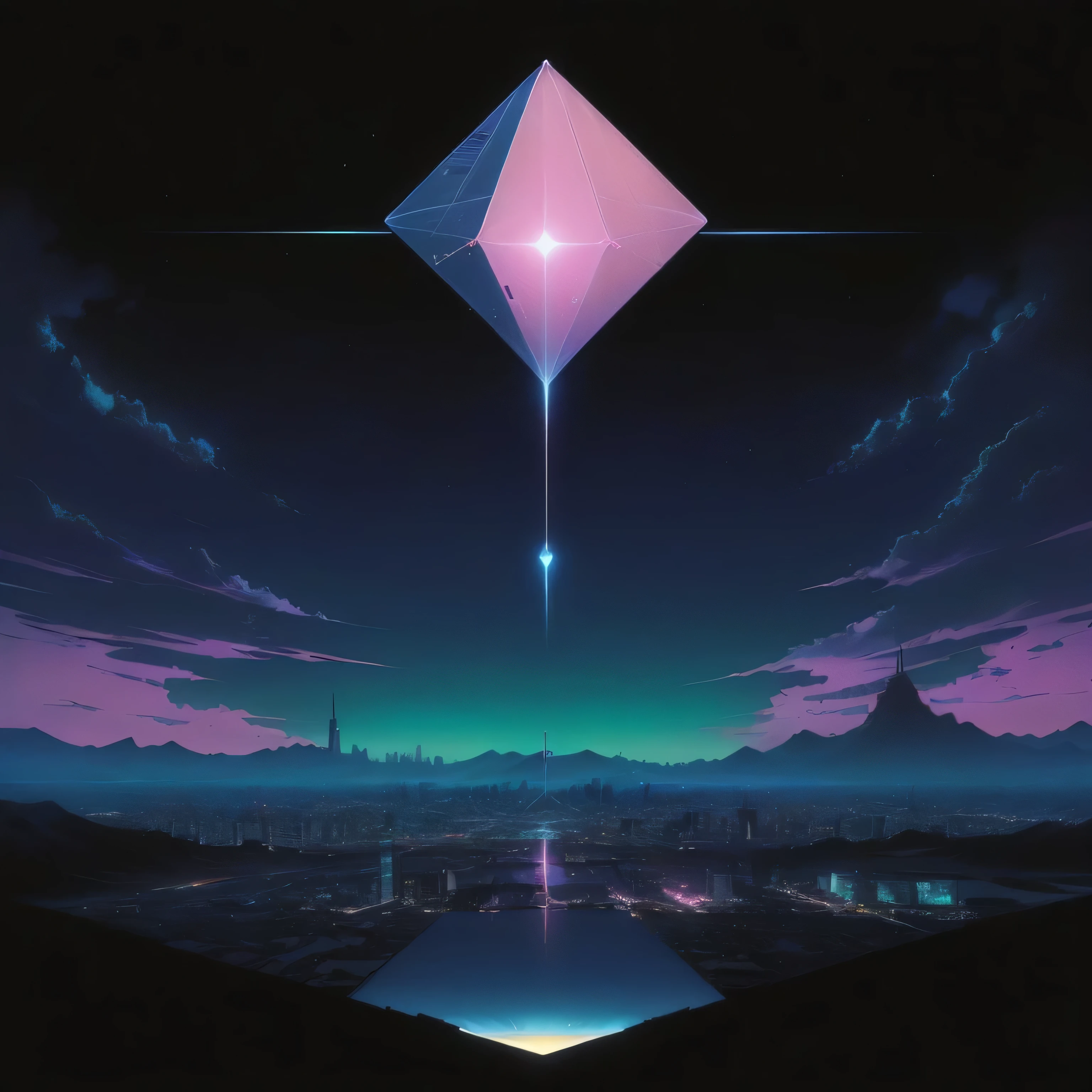 anime, a kite flying over a city at night, artgem and beeple masterpiece, beeple masterpiece, beeple artwork, artem demura beeple, beeple and tim hildebrandt, arstation and beeple highly, beeple art, beeple and greg rutkowski, beeple!!