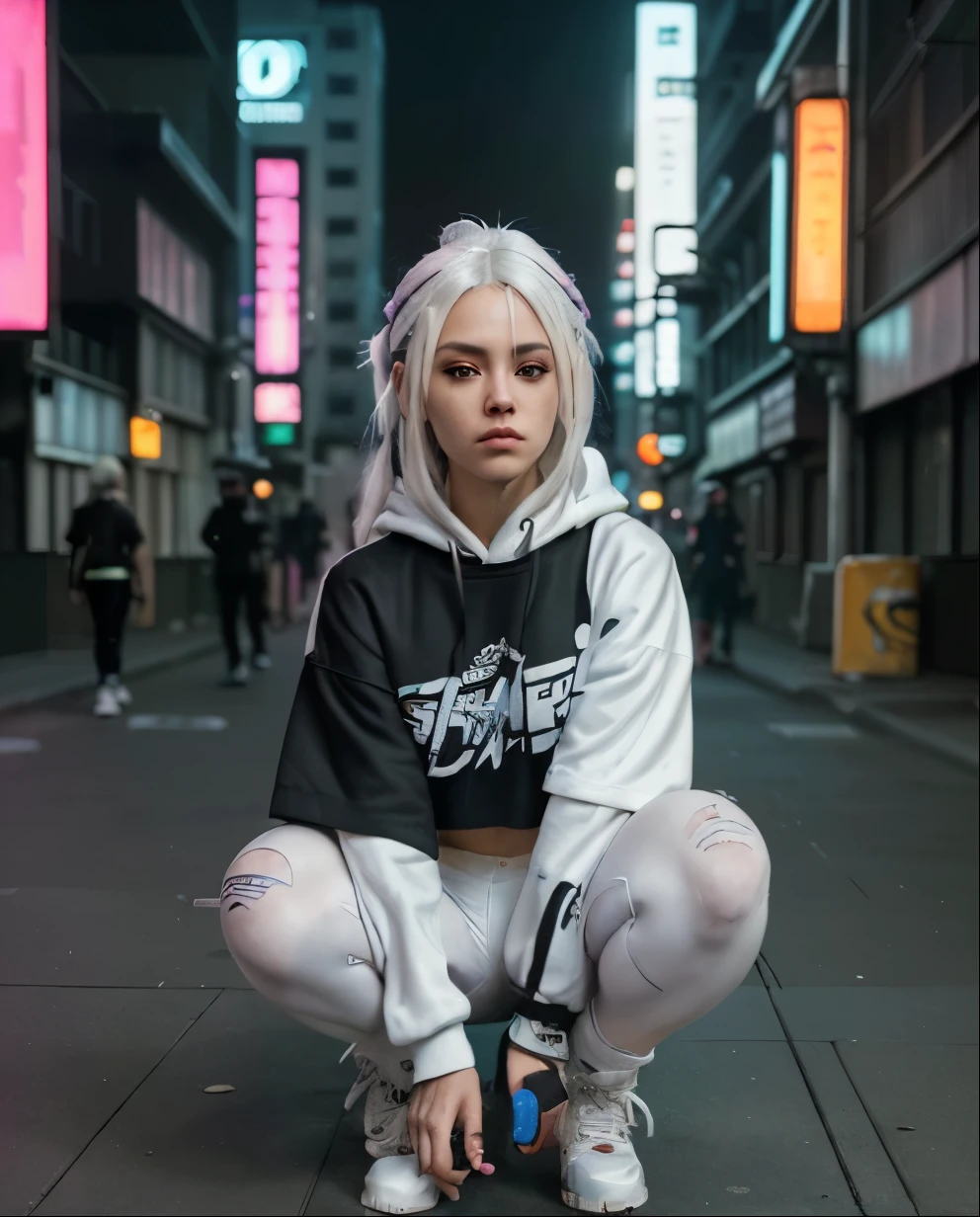 woman with a white hair sitting on skateboard on a city street,extremely detailed artgerm, ig model | artgerm, cyberpunk anime girl in hoodie, trending artgerm, echo from overwatch, artgerm and rossdraws, artgerm style, ross tran style, rossdraws digital painting, anime style character, she is seen wearing streetwear pieces, urban girl fanart, street clothing, streetwear fashion, Woman in streetwear, street fashion outfit, cyberpunk streetwear, Anime style mixed with Fujifilm, hiphop urban inspired, Style anime, style of anime4 K, japanese streetwear, realism art style, street clothing, Realistic art style,Videl Dragon Ball, serius face, white t - shirt, black colored leggings, ultra-realistic realism, shadowing, stereograms, (realisticlying, Realistis: 1.2), angle of view, atmosphric perspective, cinmatic lighting, Ray traching, 8K, super detailing, best qualtiy, tmasterpiece, The details are good, (Canan EOS R6, 135mm, 1/1250s, f/2.8, ISO 400:0.9), cyber punk perssonage, neonlight, Neon signs