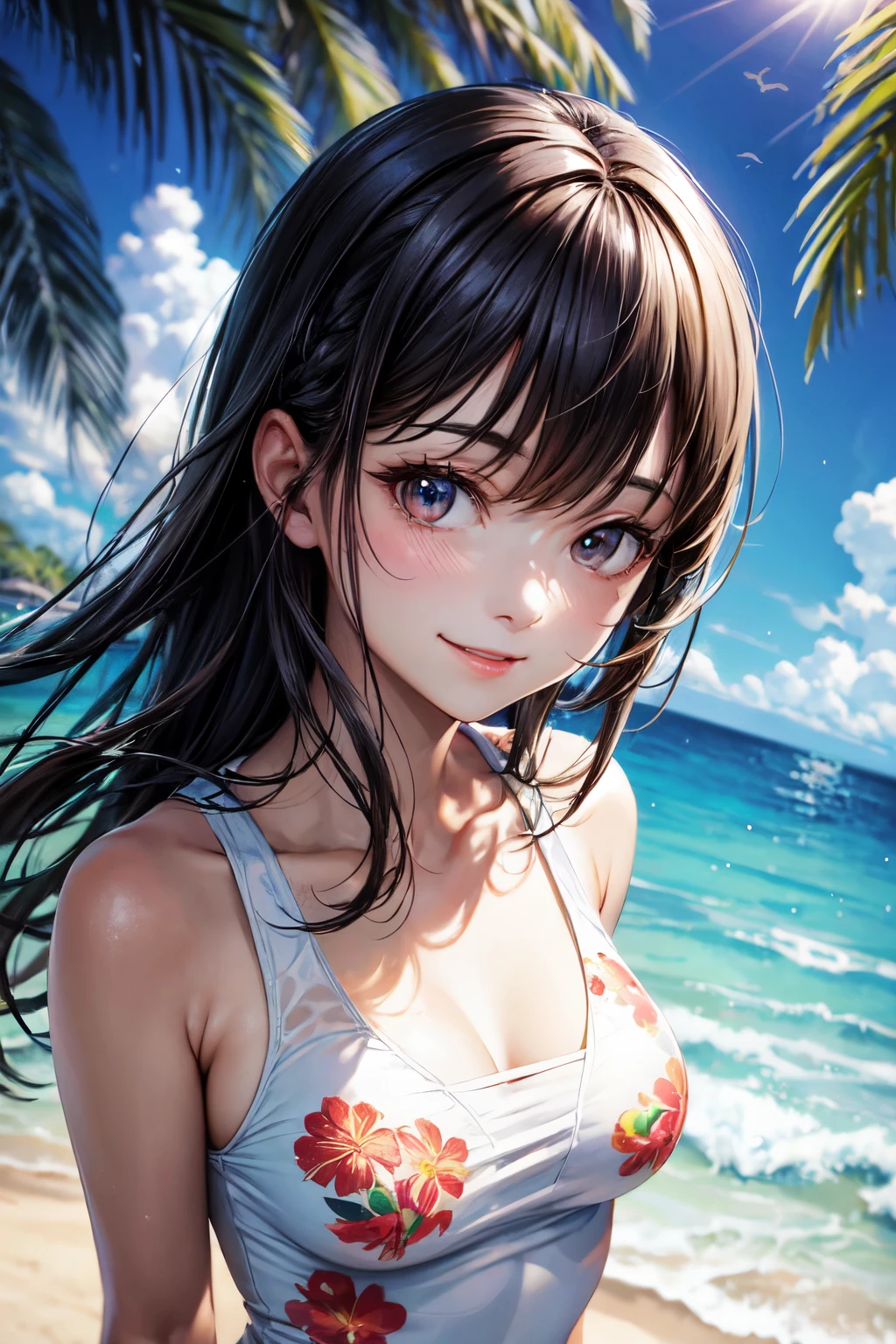 very cute and beautiful girl,(highly detailed beautiful face),one-piece floral print white swimsuit, standing,arms behind back,looking at viewer,beach,tropical resort hotel,(smile),black hair, (best quality,masterpiece),absurdres,highres,ultra-detailed,extremely detailed,32k, cinematic scene,detailed background,solo,dynamic angle, hair fluttering in the wind,beautiful detailed sky,
