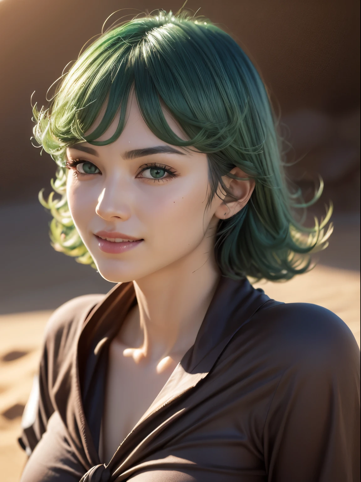 (masterpiece, best quality:1.4), (full body), 1girl, solo, outside, on a desert with sand and dust, tatsumaki, (pelvic curtain:1.2), long sleeves, black dress, (green hair), short hair, medium breasts, beautifull smile, beautiful face, highly detailed face, highly detailed eyes, highly detailed skin, skin pores, subsurface scattering, realistic pupils, full face blush, full lips, depth of field, volumetric lighting, sharp focus, absurdres, realistic proportions, good anatomy, (realistic, hyperrealistic:1.4), 16k hdr