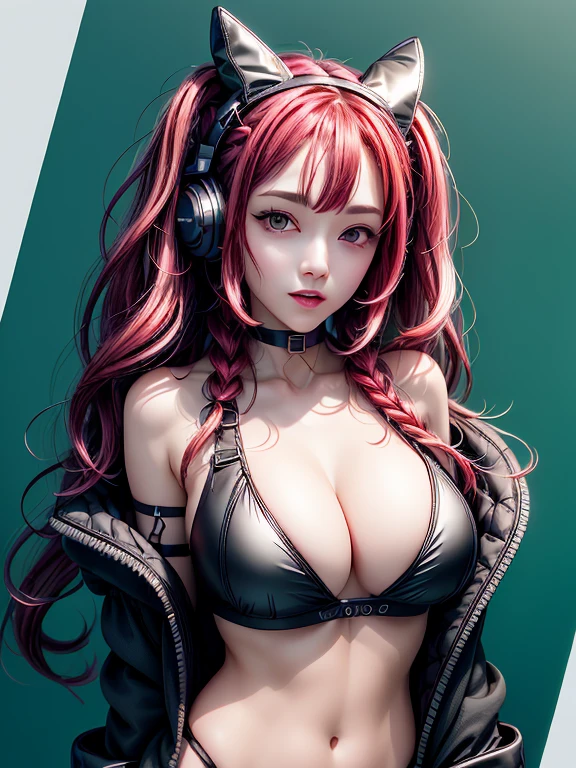 (masterpiece), (best quality), (illustration), (pop art background), (beautiful lady), (skinny), (pale skin), //deep-orange_red hair, long_wavy hair, twin-braid//, //emerald-green eyes//, nose, (shiny thin lip), smile, (huge breasts:0.8), cleavage, //white tight-cardigan//, //black headphones, hair_ribbon, cropped_t-shirt, choker//, looking at viewer, upper body, ink, 
