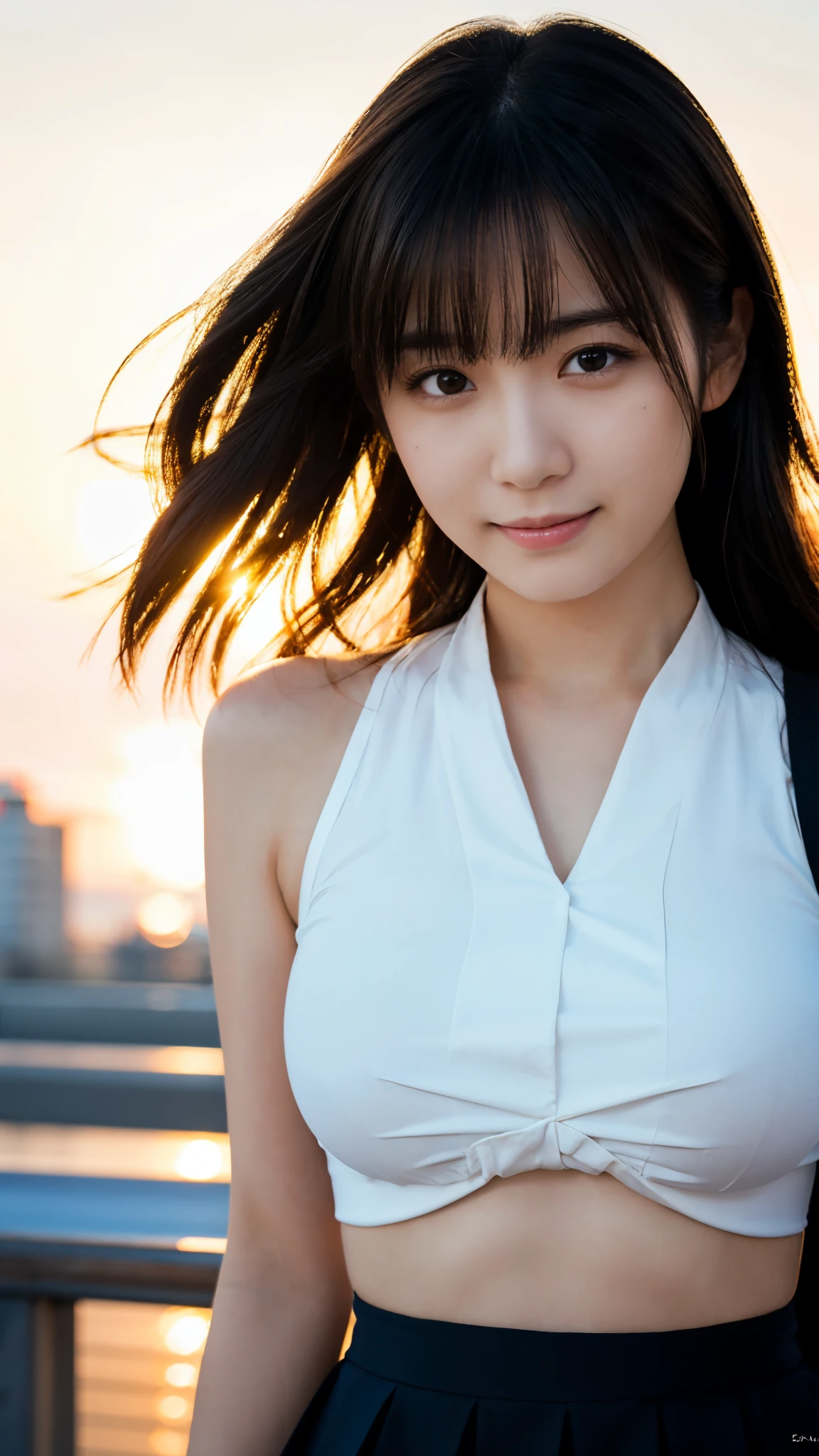 (highest quality,masterpiece:1.3,Ultra-high resolution),(Super detailed,Caustics,8k),(Photorealistic:1.4,RAW shooting),Japanese,23 years old,cute,Are standing,(Smiling and looking at the camera),Black Hair Middle Hair,Big Breasts,White blouse,Knee-length skirt,Strong winds,Hair blowing in the wind,Rooftop,Backlight,Sunset,Sunset sky,Bust up shot,(Face Focus),(Face close up),Low position,Low - Angle,Natural light