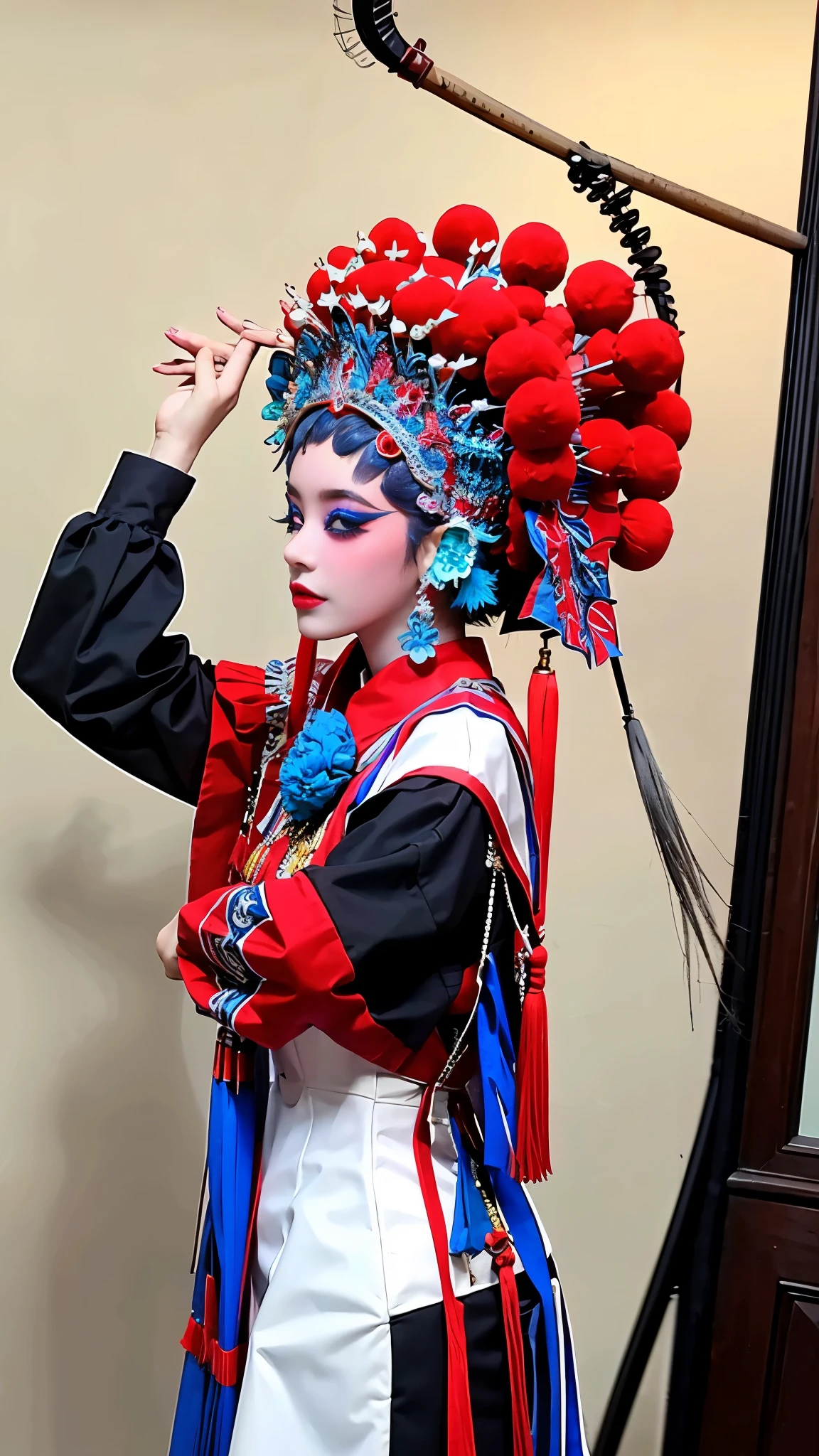 masterpiece,
1 girl, CNoperaCostume, CNoperaheaddress, CNoperaFlag, (makeup:1.3), tassel, from side,