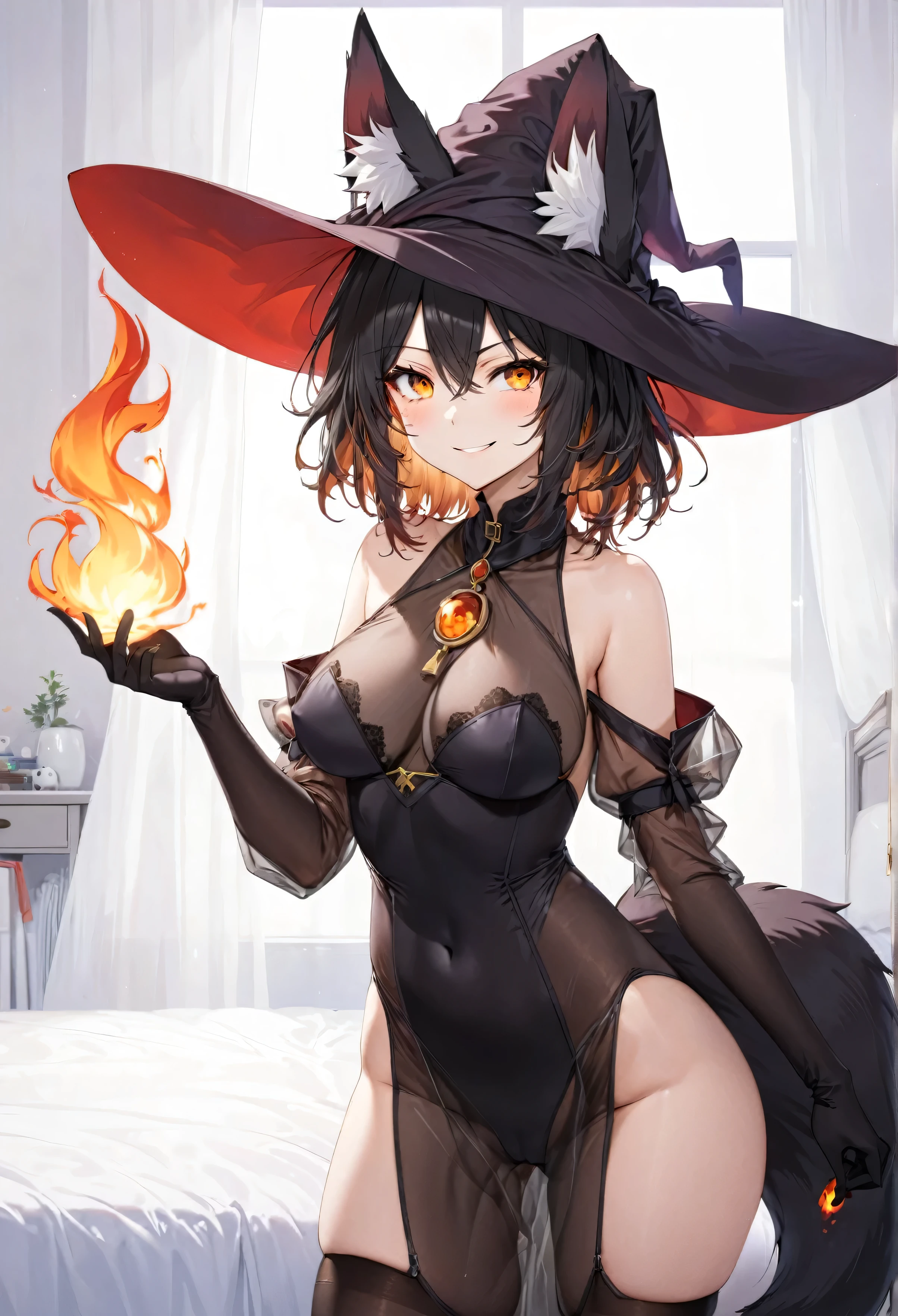 1girl, medium hair, black hair, amber eyes, thighhighs, messy hair, fox ears, medium breasts, fox tail, fox girl, half-closed eyes, glowing eyes, see-through, fox tail, seductive smile, standing, looking at viewer, bedroom, cowboy shot, elbow gloves, black gloves, ((smug)), witch hat, off-shoulder dress, see-through, long dress, witch, leotard, puffy detached sleeves, pelvic curtain, see-through sleeves, see-through cleavage, halterneck, flaming hand, holding fire