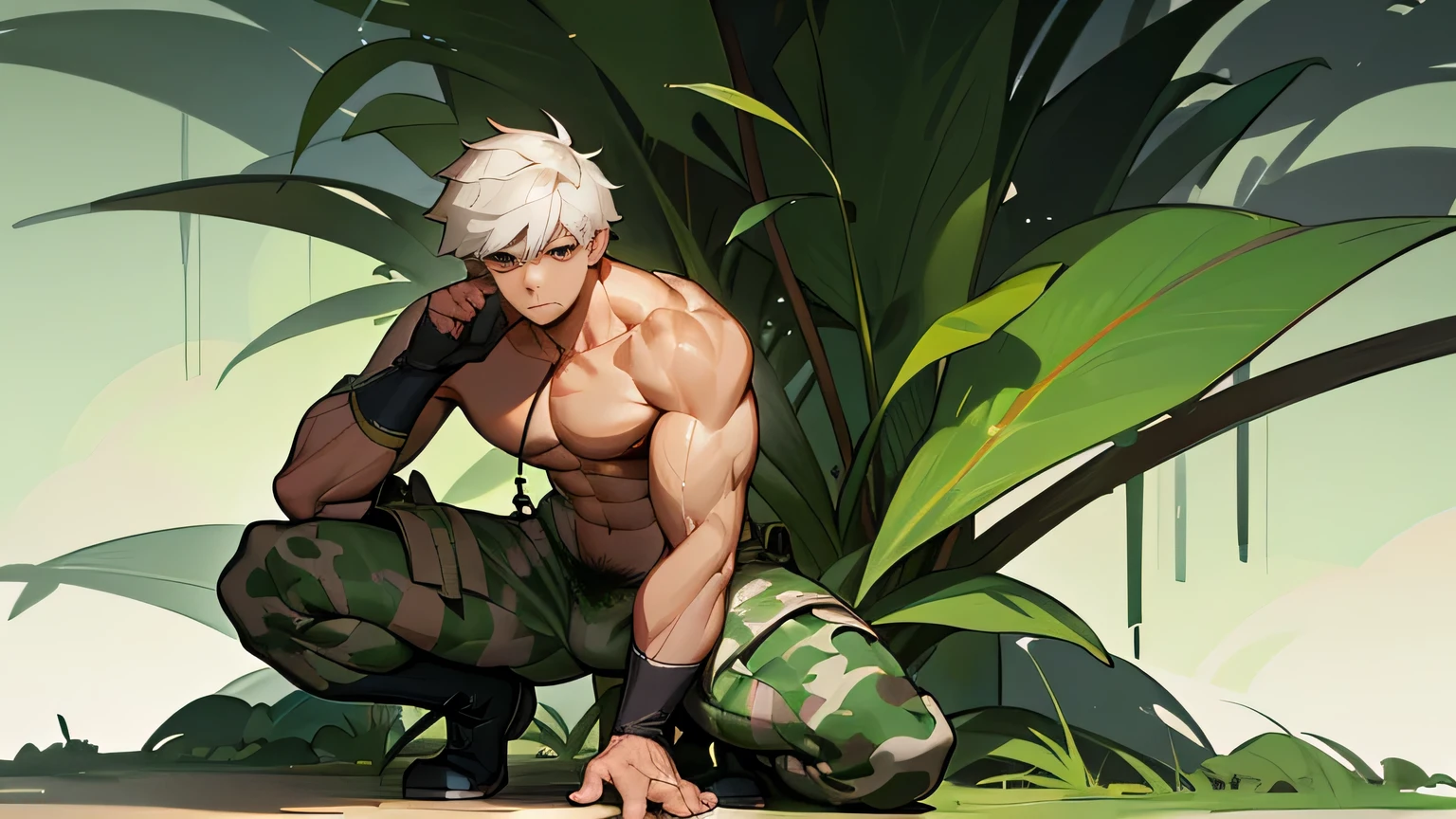Highest accuracy,Muscular man wearing only long boots,Half-squat position,Shirtless,There are scars and camouflage on the body,Lower body erection,Lower body details,Thick pubic hair,The handsome face of youth,The expression is shy,Short white hair,The background is a jungle,Background details are exquisite,Army style
