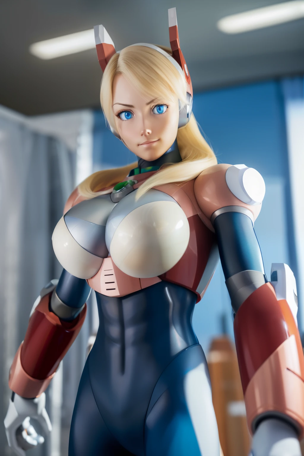 ultra detailed of a woman cyborg, 1girl, (natural skin texture, realistic eye details:1.2) alias_mega manx, alone, breasts, blue eyes, blonde hair, Android, long hair, robot ears, stand at attention, neutral stance, artwork, high quality, hypnotized, blank expression, mannequin