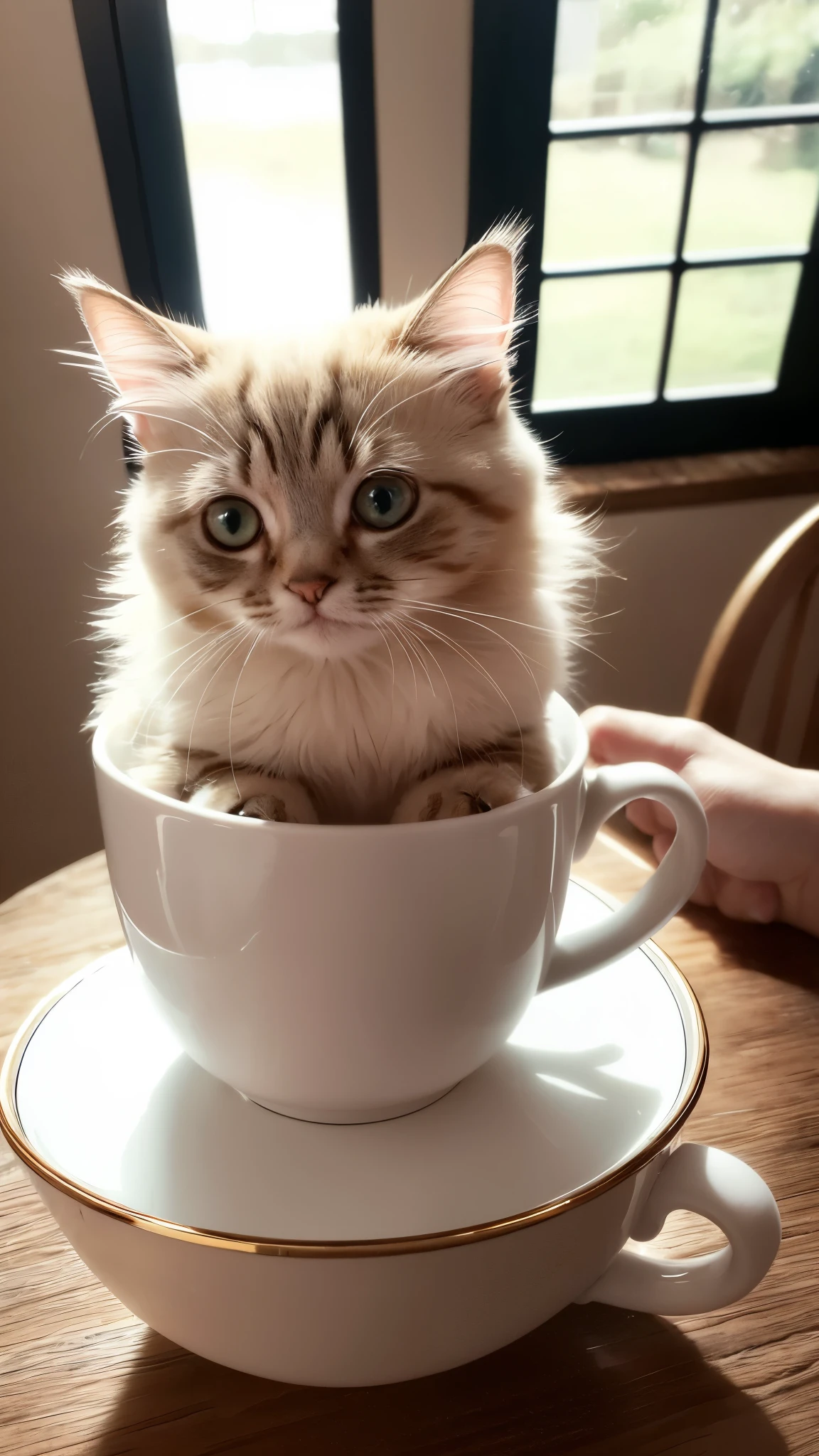 Cat, (Himalayan), (Small)))), in a teacup, Face, Front paws out, 8K, Professional photo, Delicate, Clear, On the table, Inside the house, Sunshine, Light Leak, Masterpiece, ((Pretty))), Fashionable Teacup, (Reality), Plush Toy, Round Pupils