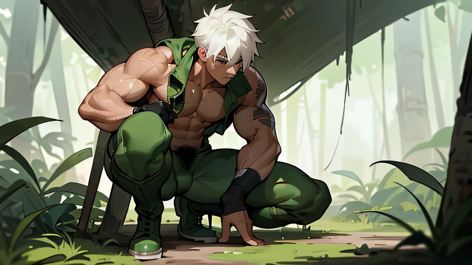 Highest accuracy，Muscular man wearing only long boots，Half-squat position，Shirtless，There are scars and camouflage on the body，Lower body erection，Lower body details，Thick pubic hair，The handsome face of youth，The expression is shy，Short white hair，The background is a jungle，Background details are exquisite，Army style