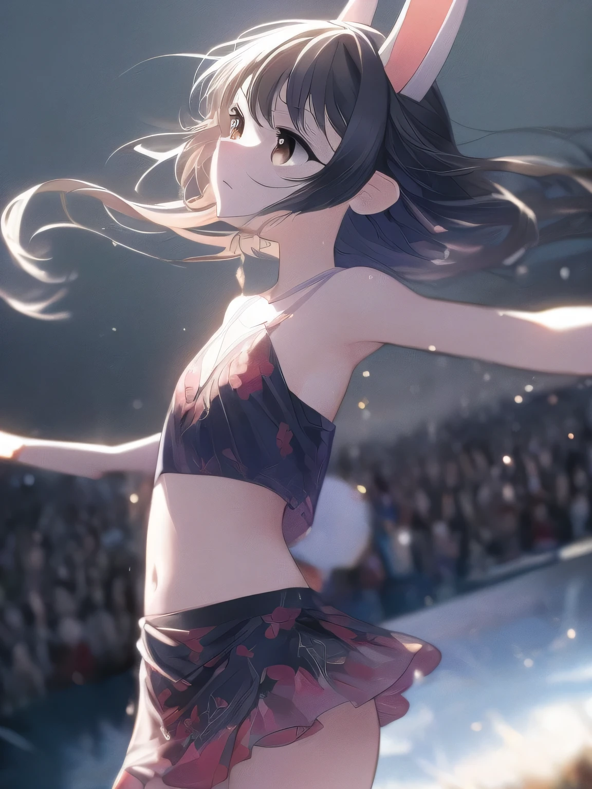 (Tabletop.highest quality).(Dynamic Low Angle、Hair blowing in the wind). (CG paintings with impressive detail),(Perfect image).(Rhythmic Gymnastics、Proud of the costume、Presenting to the audience)、Comic Strip.shape.1 girl.Detailed face、Kirara Jump、Perfect body.(Child body type、Small breasts、Thin chest)、Beautiful thighs、Beautiful belly、Perfect Face.Delicate face、Spread your arms、Proudly、A girl wearing a gorgeous off-the-shoulder dress、Overexposure、(Beautiful fashion that shows off belly and bare legs)、Breast flash、Rough skin、Long Hair、(Bunny ear girl)Bunny ear girl、((Beautiful brown eyes)).Delicate and Beautiful Eyes、Beautiful Eyes、Reflected Eyes、Embarrassingly.(Looking at the audience:1.3).(Red face:1)、8k wallpaper、Bold full shot、reflected light、Most detailed、Complex、Delicate background、Rough skin、Fine skin、(Super Resolution)、mini skirt、Chirarizum、(whole body、Beautiful whole body statue、 body type)
