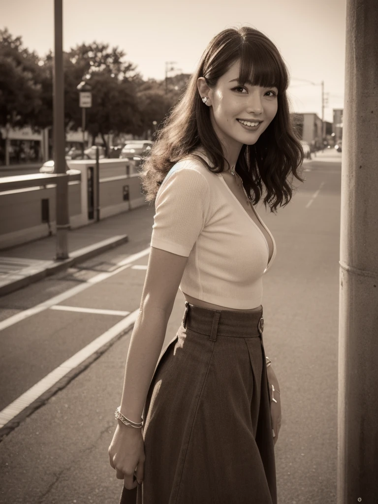 NSFW, ((highest quality)), ((8K)), ((masterpiece:1.3)), (perfect look), (photorealism:1.6), (walking woman), (Japanese woman shopping), (A shopping mall where many people go), clear background, (sepia color: 1.6), japanese woman, 47 years old, ((Realistic skin texture)), (Fine wrinkles throughout the skin: 1.3), (Dull skin: 1.1), (Skin without moisture: 1.2) , (Wrinkles on the face: 0.9), (Wrinkles on the corners of the eyes: 1.2), Double eyelids, tear bags on the lower eyelids, (Crying moles: 0.9), The eyes are looking here, serious gaze, (Dimples: 1.2), red lips, (short bangs: 1.2), short hair, Long hair with curls at the tips, (hair falls over ears), smiling with the corners of the mouth raised, soft fabric blouse, wide sleeves, Cuffs that fit your wrist, long skirt, barefoot, hair fluttering in the wind, small breasts, (whole body), low angle,