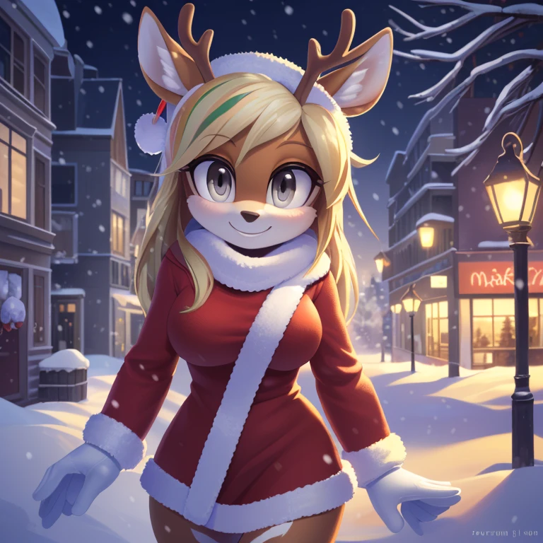((masterpiece, very detailed, fine details, detailed background, HD, intricate details, highlights, detailed shadows), snowing, winter, mobian, 1girl, deer, medium blonde hair, grey eyes, attractive, gorgeous body, medium breast, warm winter clothes, city, smile, cute, Christmas, white gloves