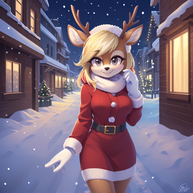 ((masterpiece, very detailed, fine details, detailed background, HD, intricate details, highlights, detailed shadows), snowing, winter, mobian, 1girl, deer, medium blonde hair, grey eyes, attractive, gorgeous body, medium breast, warm winter clothes, city, smile, cute, Christmas, white gloves