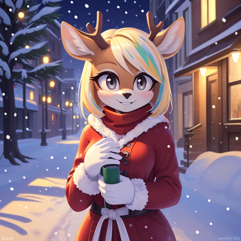 female, anthro, deer, solo, beautiful, full body, harnessed in a reindeer carriage,beautiful detailed eyes, (embarrassed, looking at viewer:1.3), Candy Cane in mouth, ((snow village background), christmas atmosphere