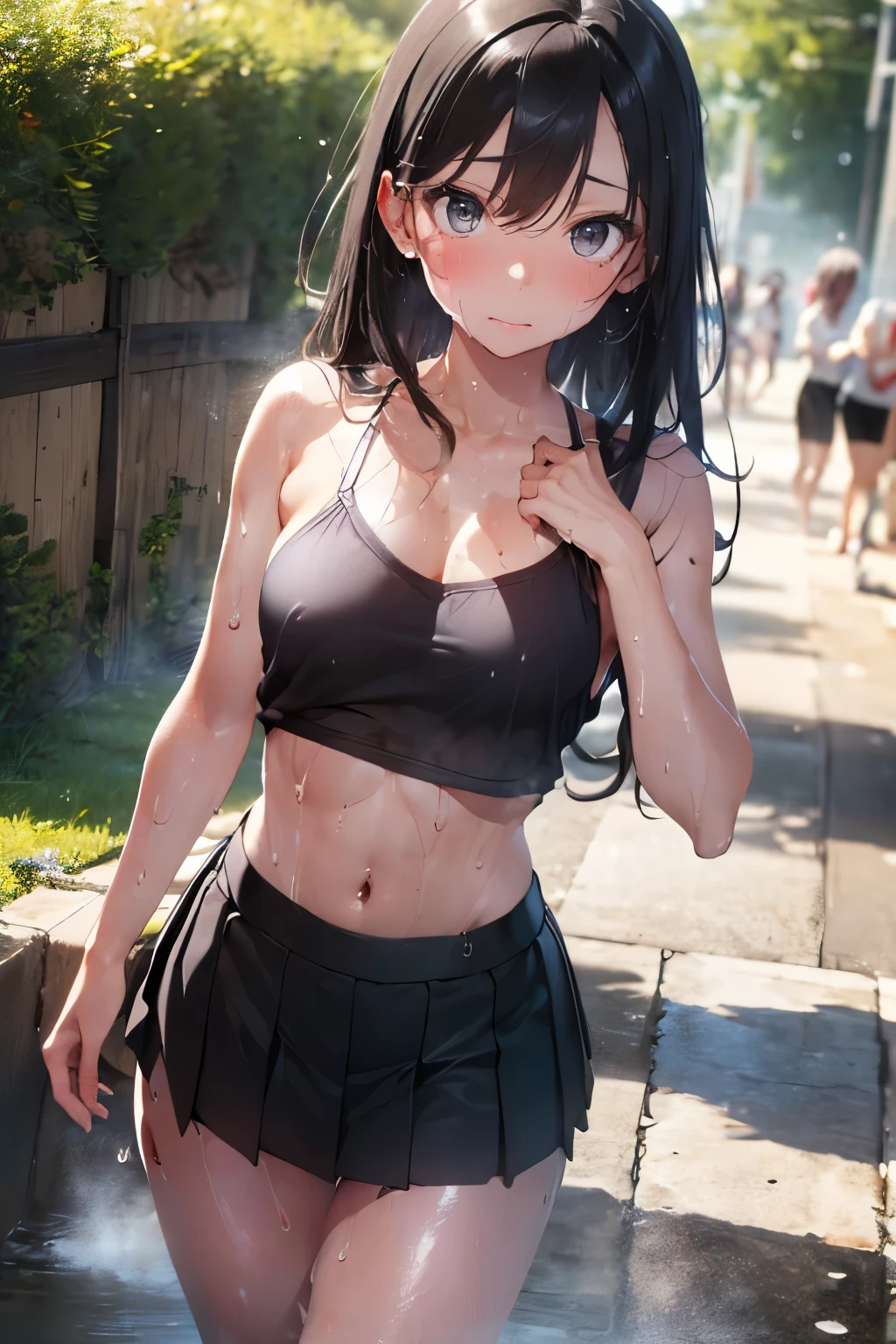 1shot,((perfect anatomy:1.3,RAW Photography:1.3,masterpiece、highest quality:1.3、Ultra - High resolution、High resolution、Highly detailed CG、8K)),nsfw,cowboy shot,1 female,solo、14 year old beautiful girl,Japanese,((beautiful detailed face and eyes,gorgeous eyes,gray eyes)),black hair,long hair,straight hair,bangs,shy,((medium breasts,slender body,skinny,sweat:1.7)),(oily skin,gleaming skin,shiny skin),(camisole、Pleated mini skirt,barefoot),Outdoor、