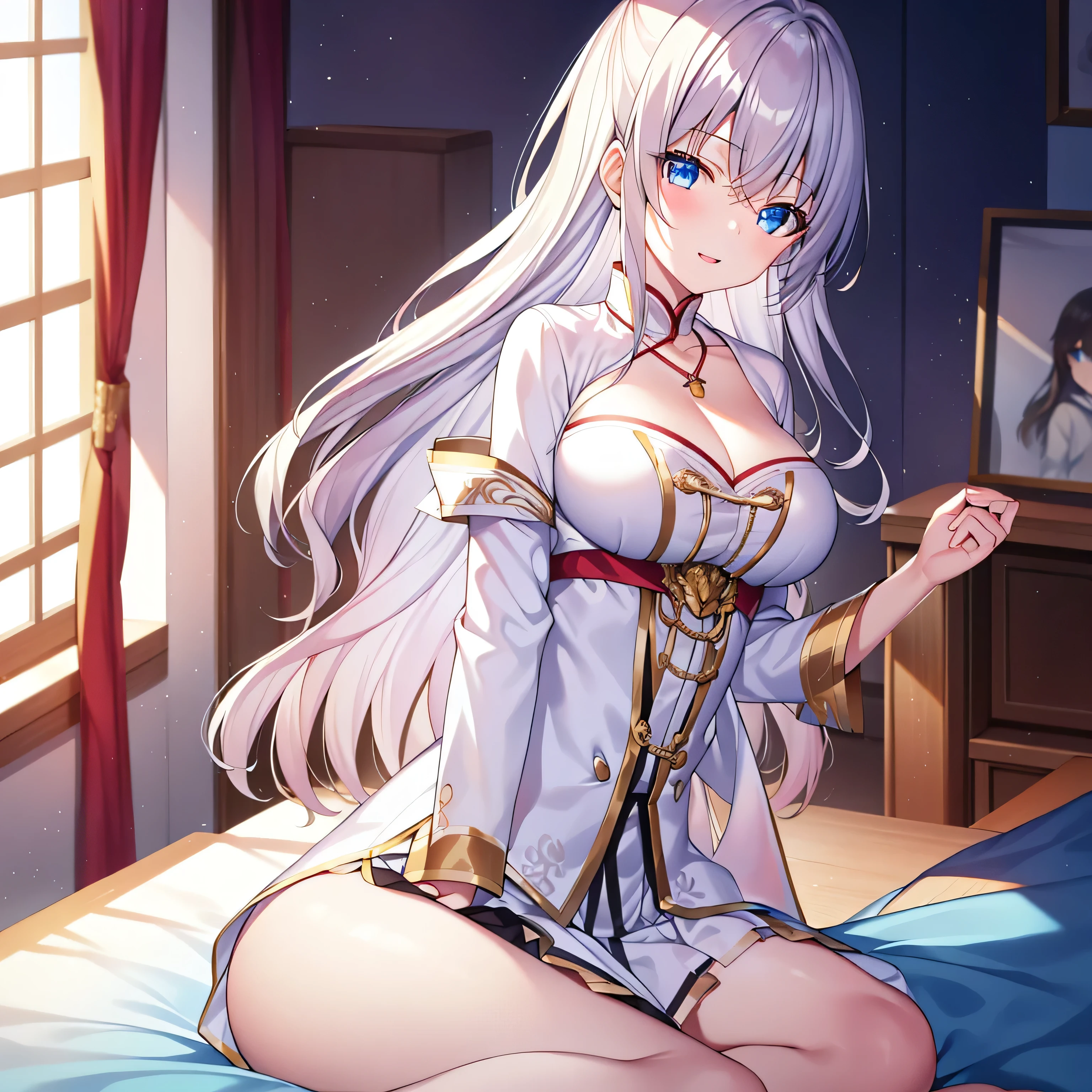 detailed， dense， masterpiece， A girl， Beautiful big breasts， Wearing a white cardigan， permanent，Standing by the bed，With blanket，  white hair， ************， Light and smooth skin， Light skin， Shiny Hair， Clear eyes， Light&#39;s eyes，blue eyes， Light pink lips， （Audience looking down： 0. 8） Smile， Cheeks dyed red， Very shy， open mouth， By Bangs， White sleeves， White coat， A girl， soft skin，Large cleavage， Light skin， Light， Rich Light， room Lighting， Simple gold necklace， Diamond necklace， white lace bra， White lace， white lace underwear， High Angle， Low Angle， （masterpiece： 1.0）， （Practical： 1.6）， （Soft Focus： 1.5），black，