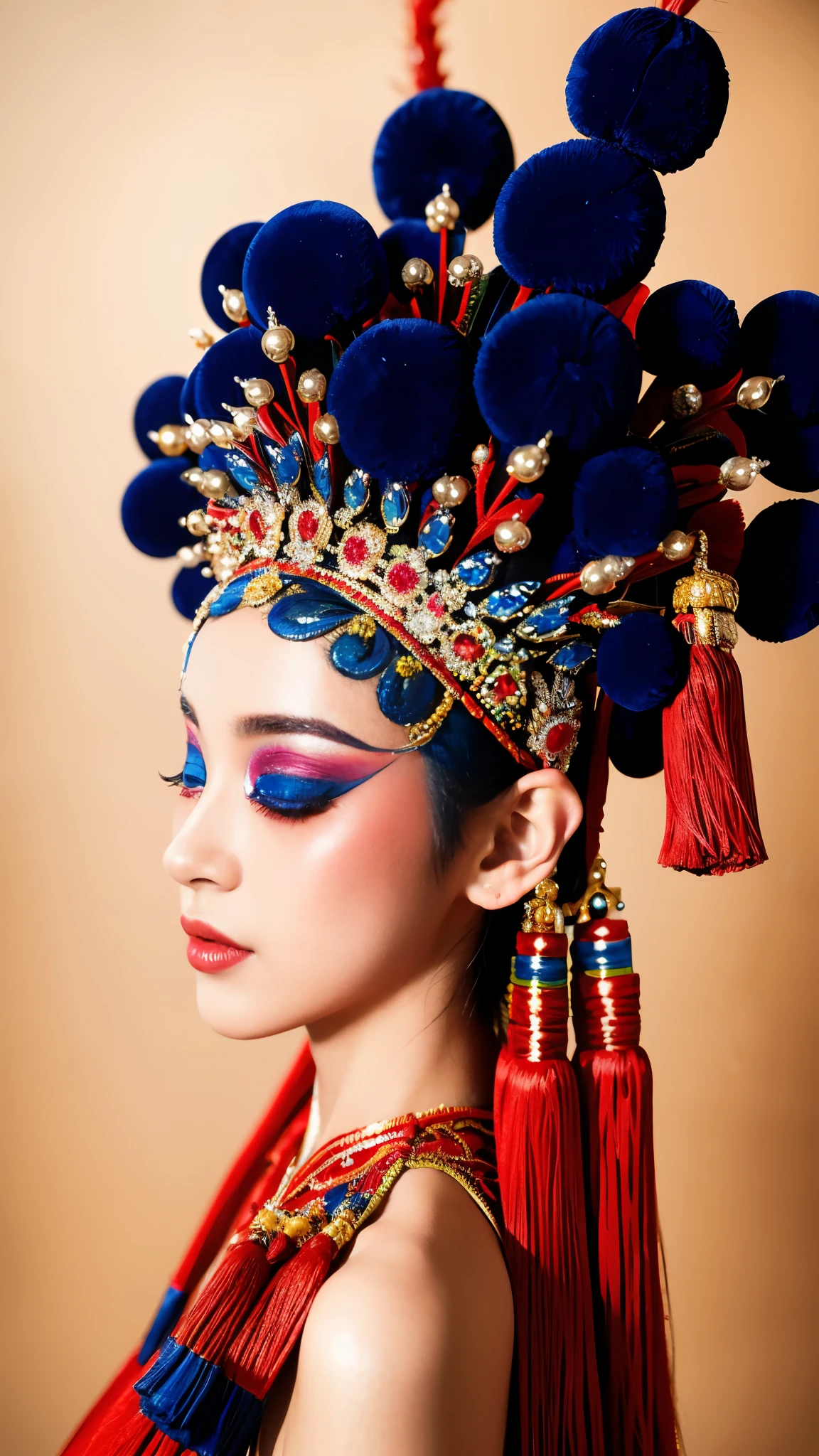 masterpiece, 
1 girl, CNoperaCostume, CNoperaheaddress,  CNoperaFlag, (makeup:1.3), tassel, from side,