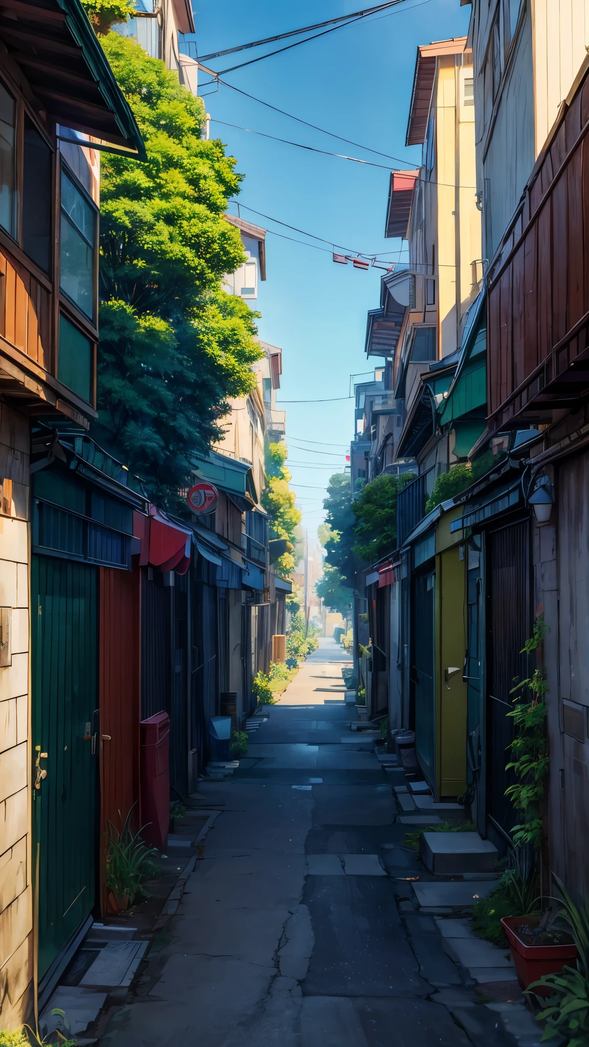 Top quality masterpiece and sharpness anime city street with garbage cans and trees on both sides, forest city streets behind her, detailed street, green alleys, anime background art, street background, photorealistic streetscape, street perspective, town background, anime style cityscape, green alley, highly detailed digital painting, highly detailed illustration, background art, shady alleys, the city is full of green plants