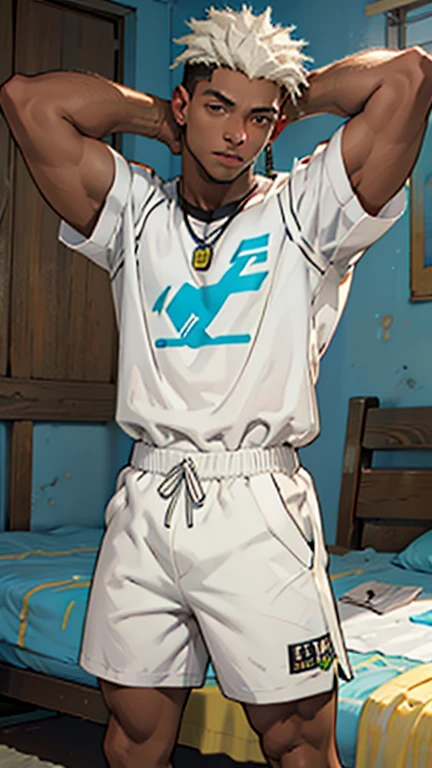 Un chico, tez blanca, culturista, musculoso, adolescente, pelo negro, shorts cortos negros, un bulto en los shorts, sin camisa, acostado en una cama, mirada seductora, hands behind the head, piernas levantadas y cruzadas, ojos verdes