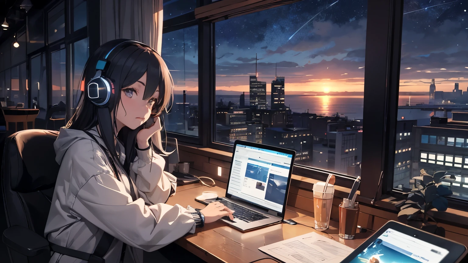 "A cafe on a hill overlooking the sea, A woman wearing headphones looking at the night sky, Wear long sleeves while working on a computer, with an 80's anime style and city pop culture vibe with a hint of ennui." please. # constrained:. - The cafe has a hill、You can see the ocean - The cafe has counter seats with a view of the ocean - People working while sitting at the cafe counter - People working in a cafe while looking at the night sky - Women are wearing headphones. - Women are wearing long sleeves. - Women are wearing long sleeves. - She uses a computer for work.. - The girl's style resembles 80's anime. - The atmosphere is city pop culture - The female mood is malaise. # Assumptions:. - The cafe is on the hill.. - You can see the ocean from the cafe. - A woman is in a cafe at night. - Women bring their own computers. - The interior and music of the café are in the style of 80's anime. - The cafe&#39;s atmosphere reflects the city&#39;s pop culture. # criterion:. - criterion: The cafe seats face the hill.. - Watch the night sky from a cafe window. - The girl is listening to music while working because she is wearing headphones - Women are wearing long sleeves to adjust the temperature in the café. - The decor and music of the café should incorporate 80's anime style, Be careful with your poster and music choices。The cafe&#39;s atmosphere reflects the city&#39;s pop culture。, Be creative with lighting and interior design - to avoid a boring atmosphere for girlinimize interactions with staff and other customers