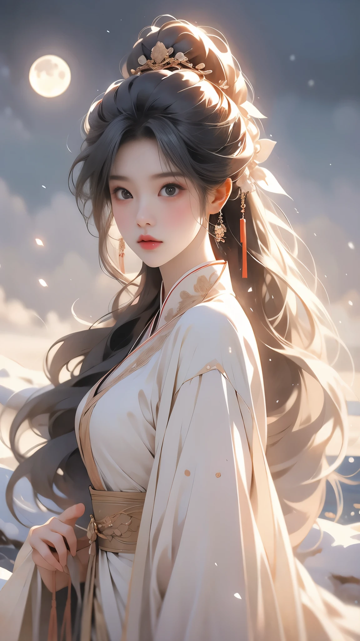 1girl,solo,very long hair,absurdres,realistic,masterpiece,best quality,hanfu,high ponytail,delicate facial features,long hair,white hair,dress,long sleeves,hair ornament,fair_skin,3d,beautiful lines,peaceful face,oriental minimalist style,best details,masterpiece,coiled hair,hanfu,gufeng,1girl,long hair,hair omament,weapon,hair flower,jewelry,((moon)), starry sky, (lighting particle), fog, snow,(bloom),