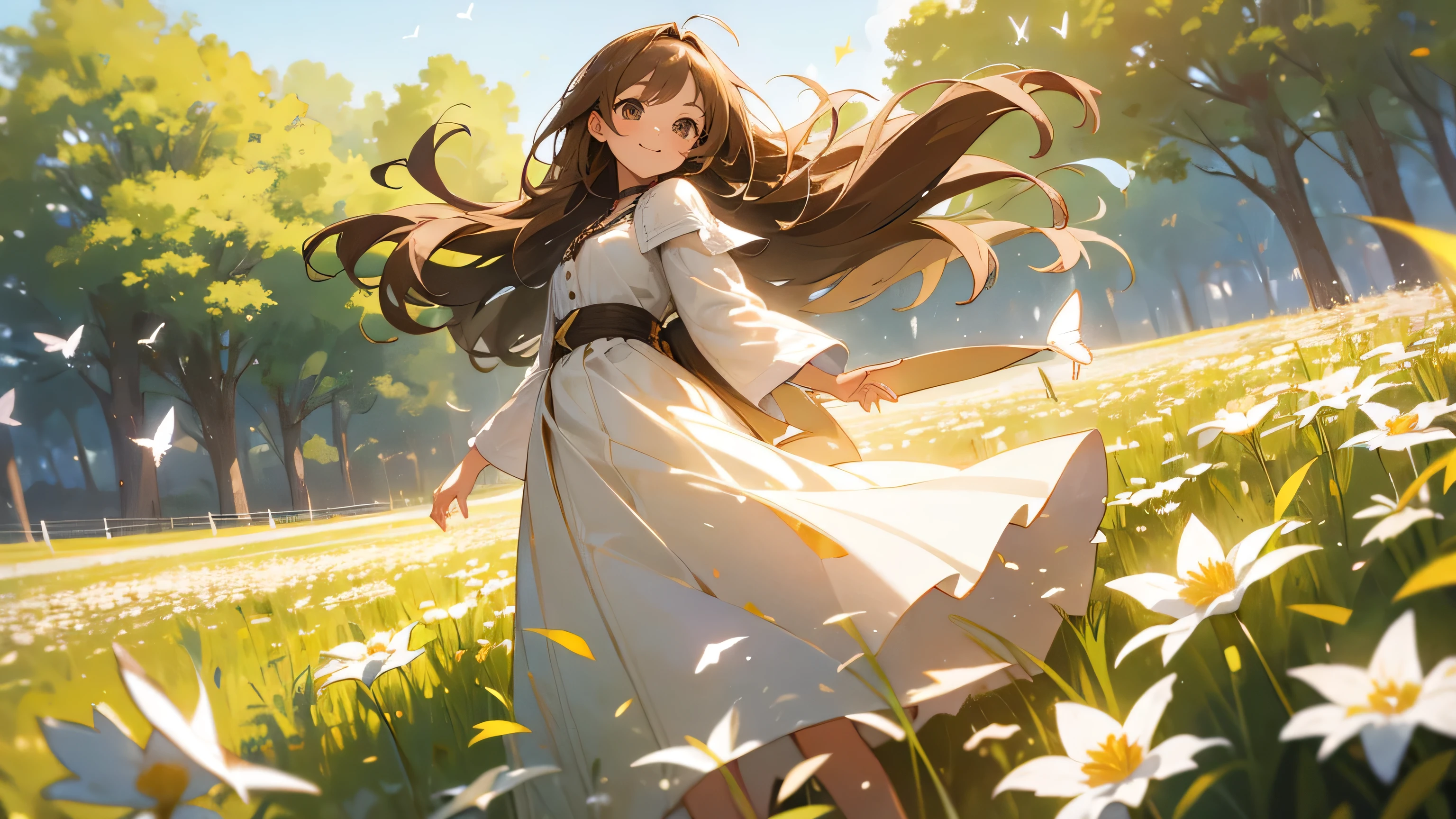 High detail,Hyper Detail,Ultra high resolution light brown eyes,Long-haired girl enjoys time in the field,Surrounded by natural beauty,The warm sun shining down on her,White flowers swaying gently in the breeze。Butterflies and birds fly around her,It adds a playful atmosphere,smile, --v6