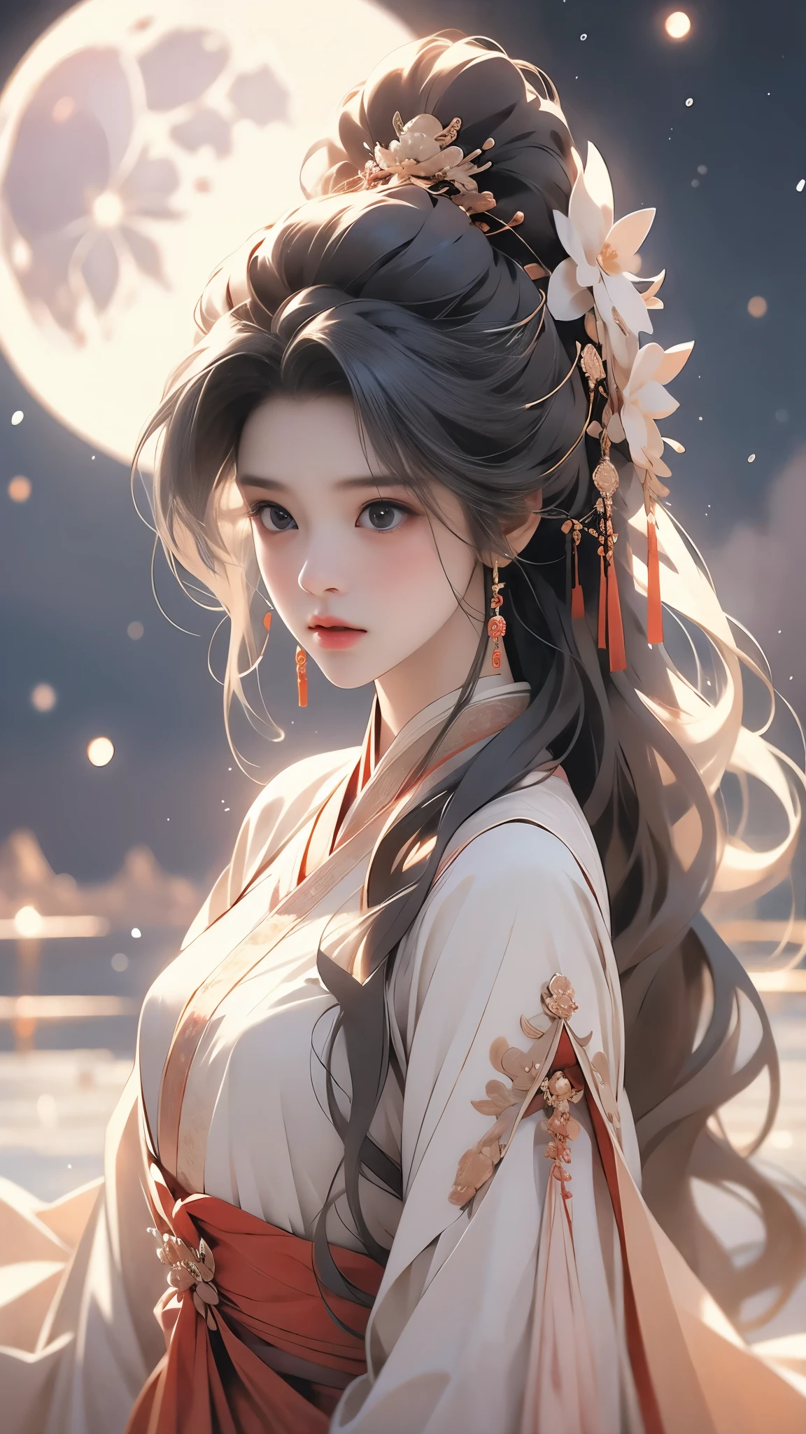 1girl,solo,very long hair,absurdres,realistic,masterpiece,best quality,hanfu,high ponytail,delicate facial features,long hair,white hair,dress,long sleeves,hair ornament,fair_skin,3d,beautiful lines,peaceful face,oriental minimalist style,best details,masterpiece,coiled hair,hanfu,gufeng,1girl,long hair,hair omament,weapon,hair flower,jewelry,((moon)), starry sky, (lighting particle), fog, snow,(bloom),